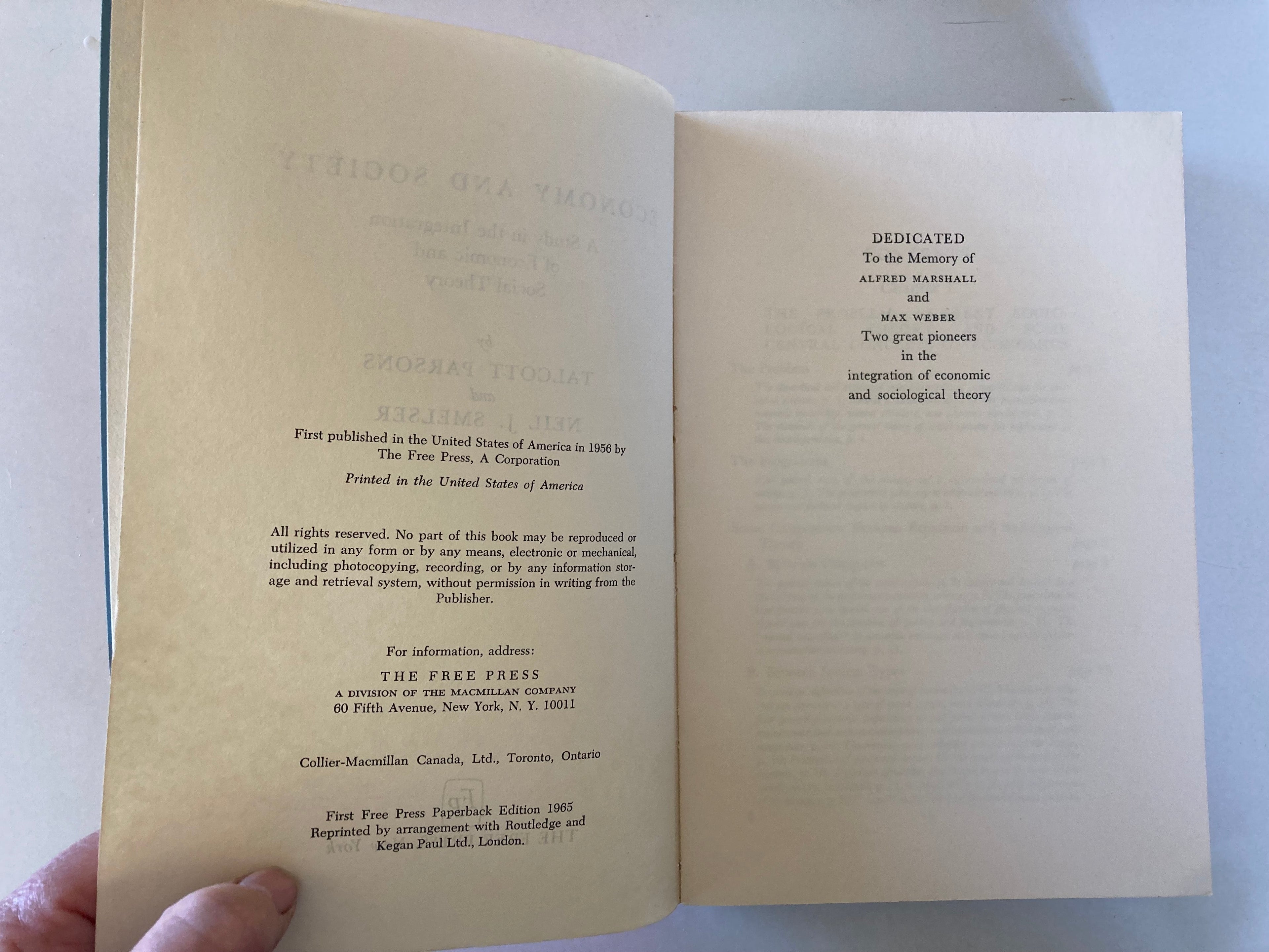 Economy and Society Talcott Parsons & Neil Smelser A Free Press Paperback 1965