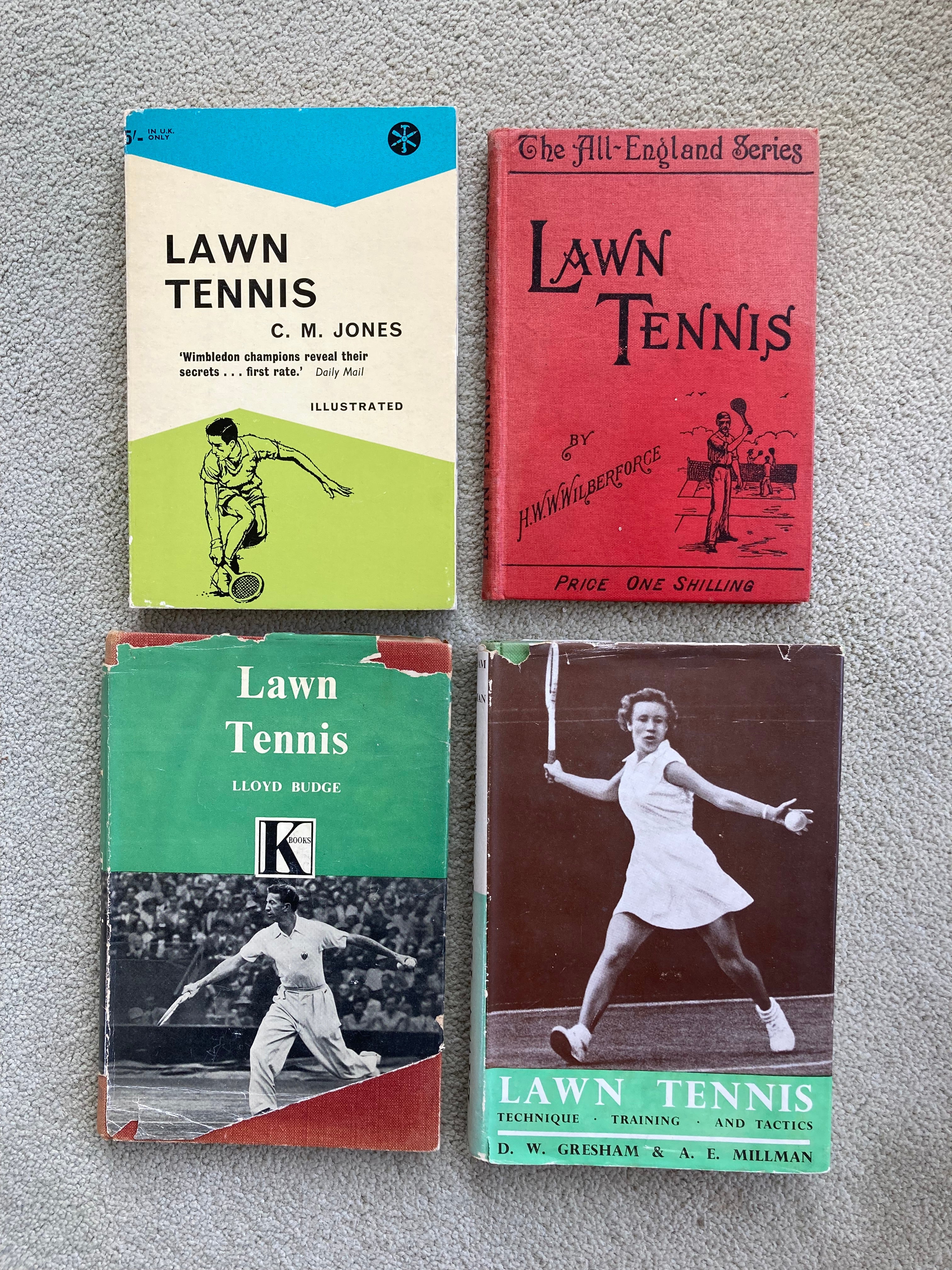 4 Lawn Tennis Books by D M Jones, H W Wilberforce, D W Gresham & A E Millman and Lloyd Budge Vintage Instructional Books