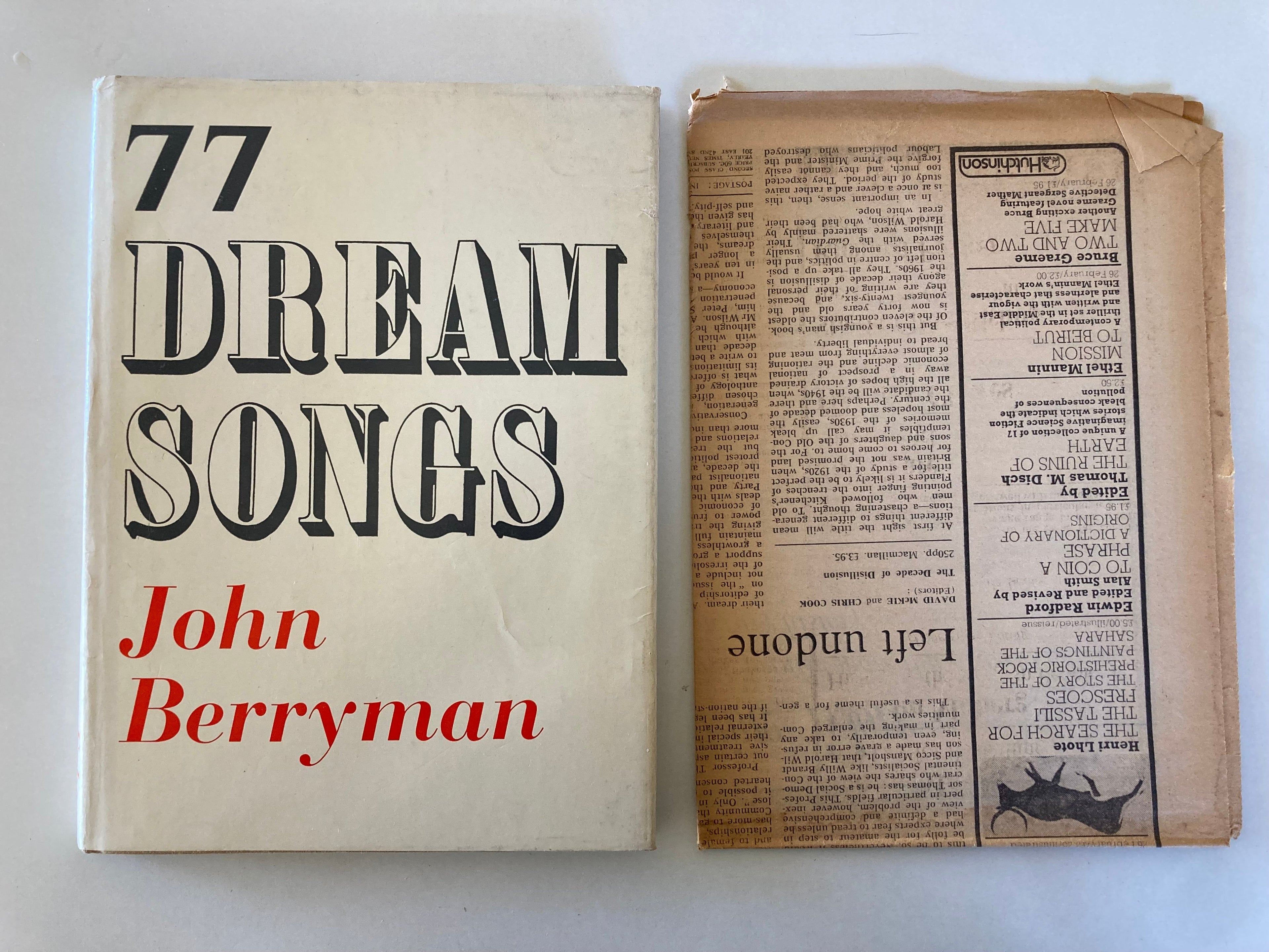 77 Dream Songs by John Berryman First Edition Book with Dustjacket from 1964 with Newspaper Cuttings
