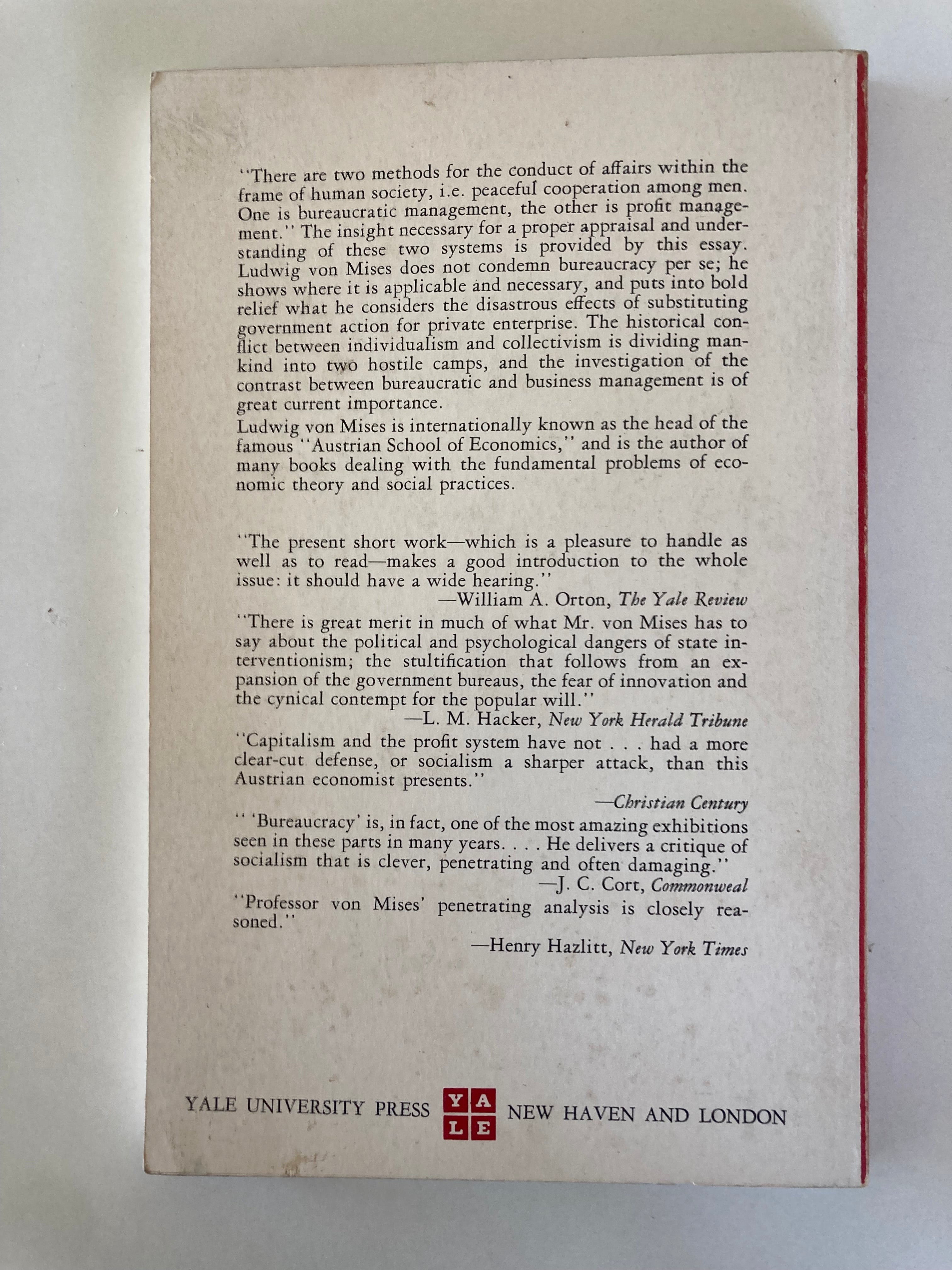 Bureaucracy by Ludwig Von Mises a Yale Paperbound Book from 1962