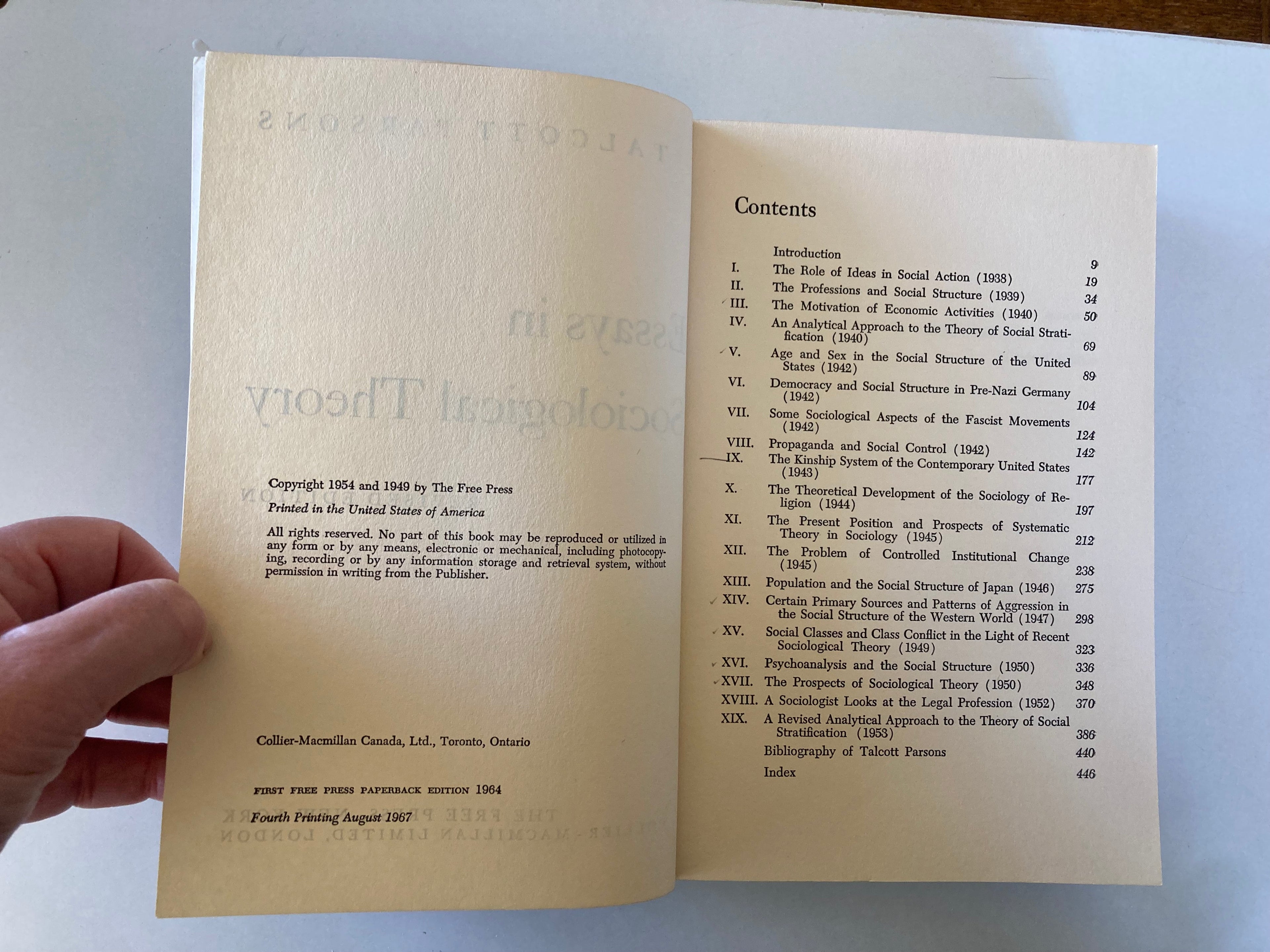 Talcott Parsons Essays in Sociological Theory Free Press Paperback Book from 1967