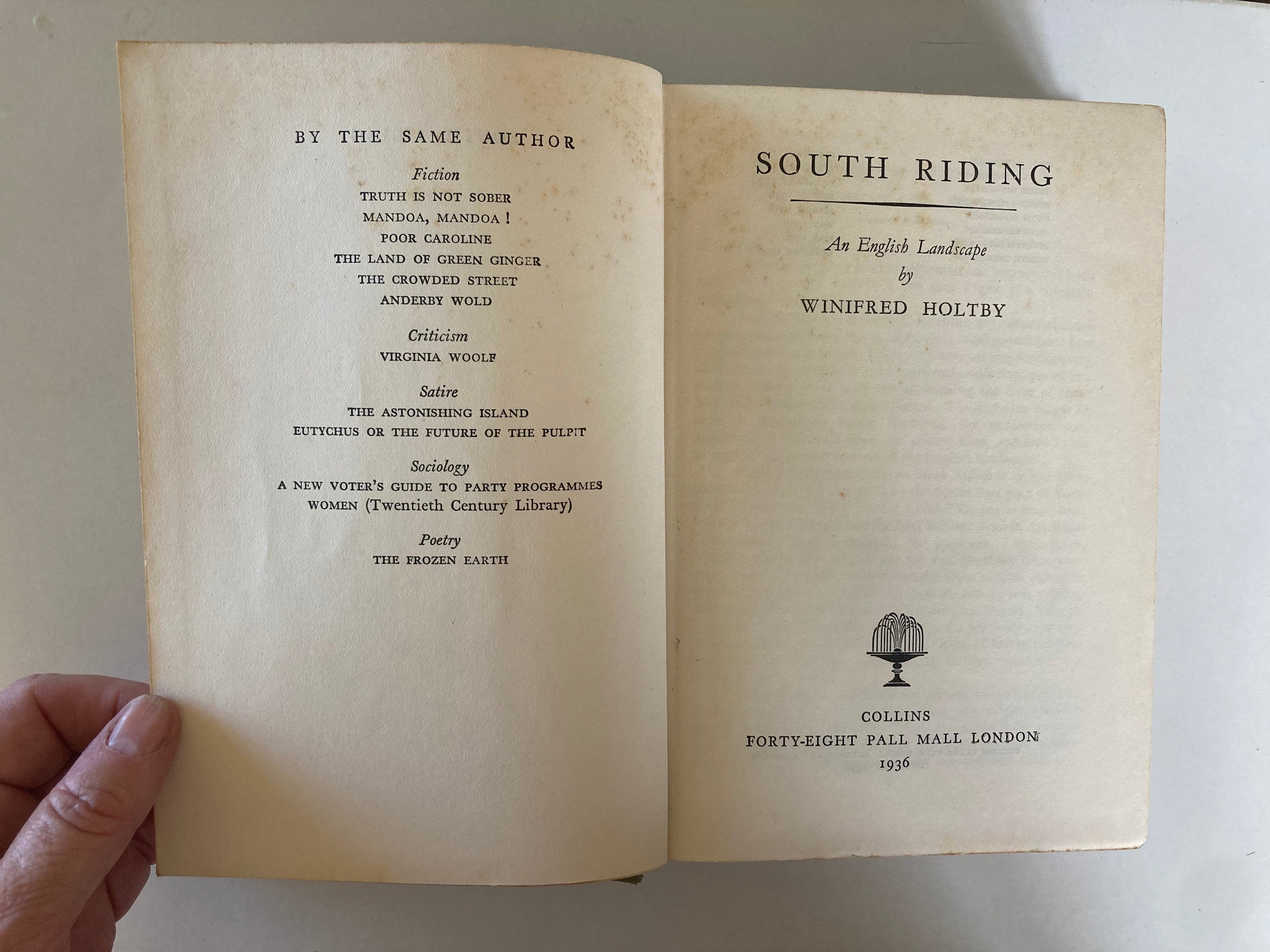 South Riding by Winifred Holtby 1936 Book Published by Collins