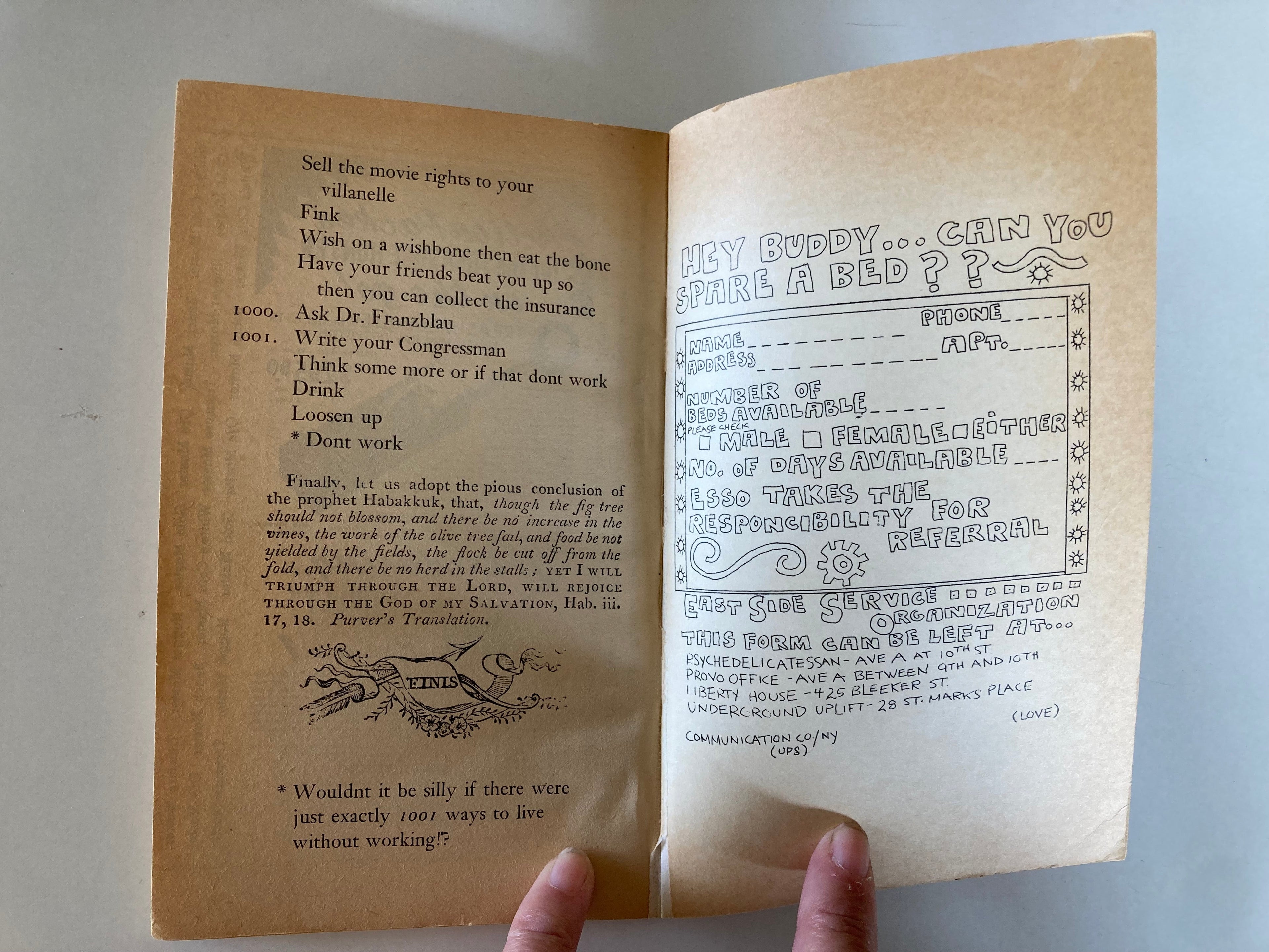1001 Ways to Live Without Working A Standard of Laziness by Tuli Kupferberg First Edition Paperback from 1967