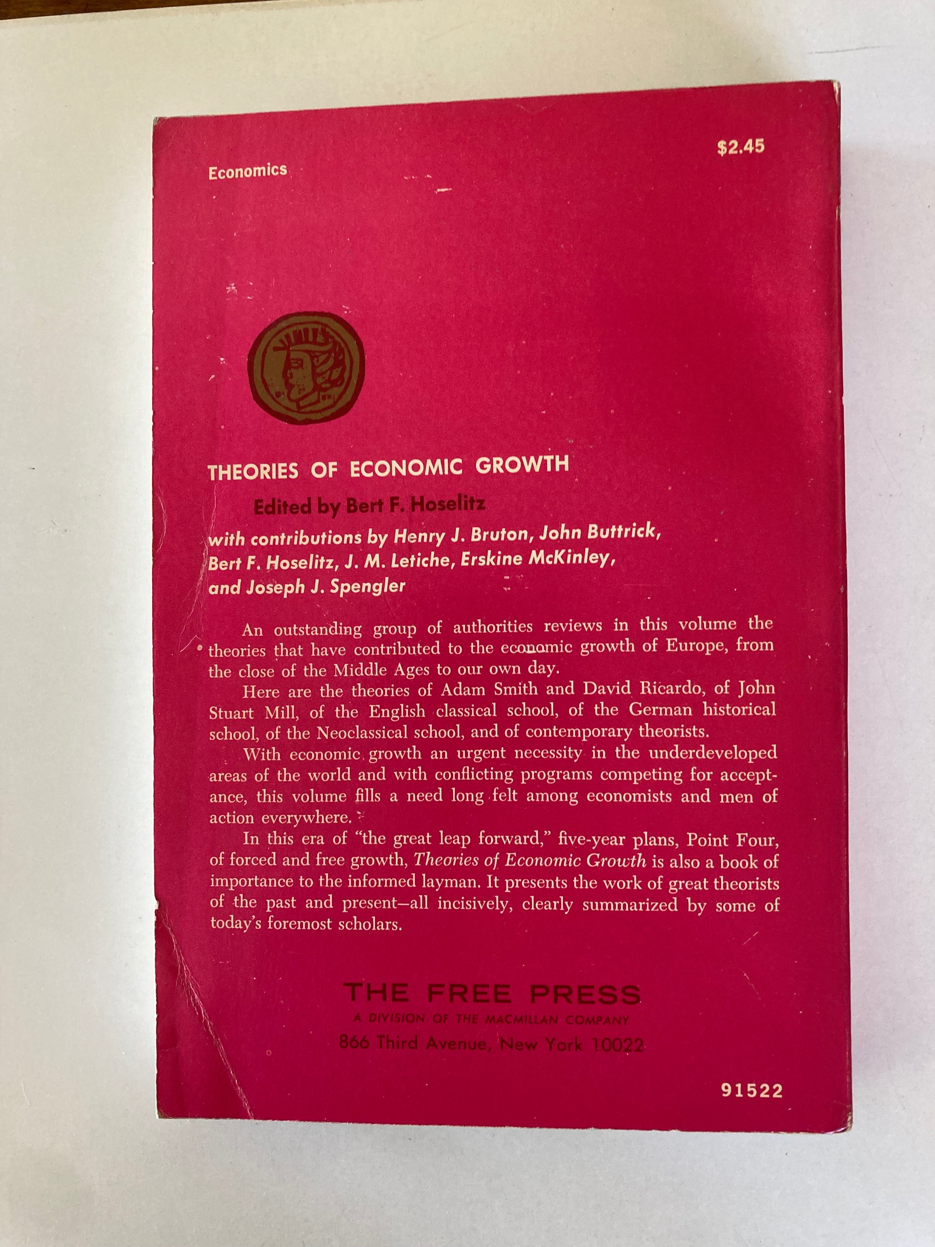 Theories of Economic Growth Bert F Hoselitz Paperback Book 1960
