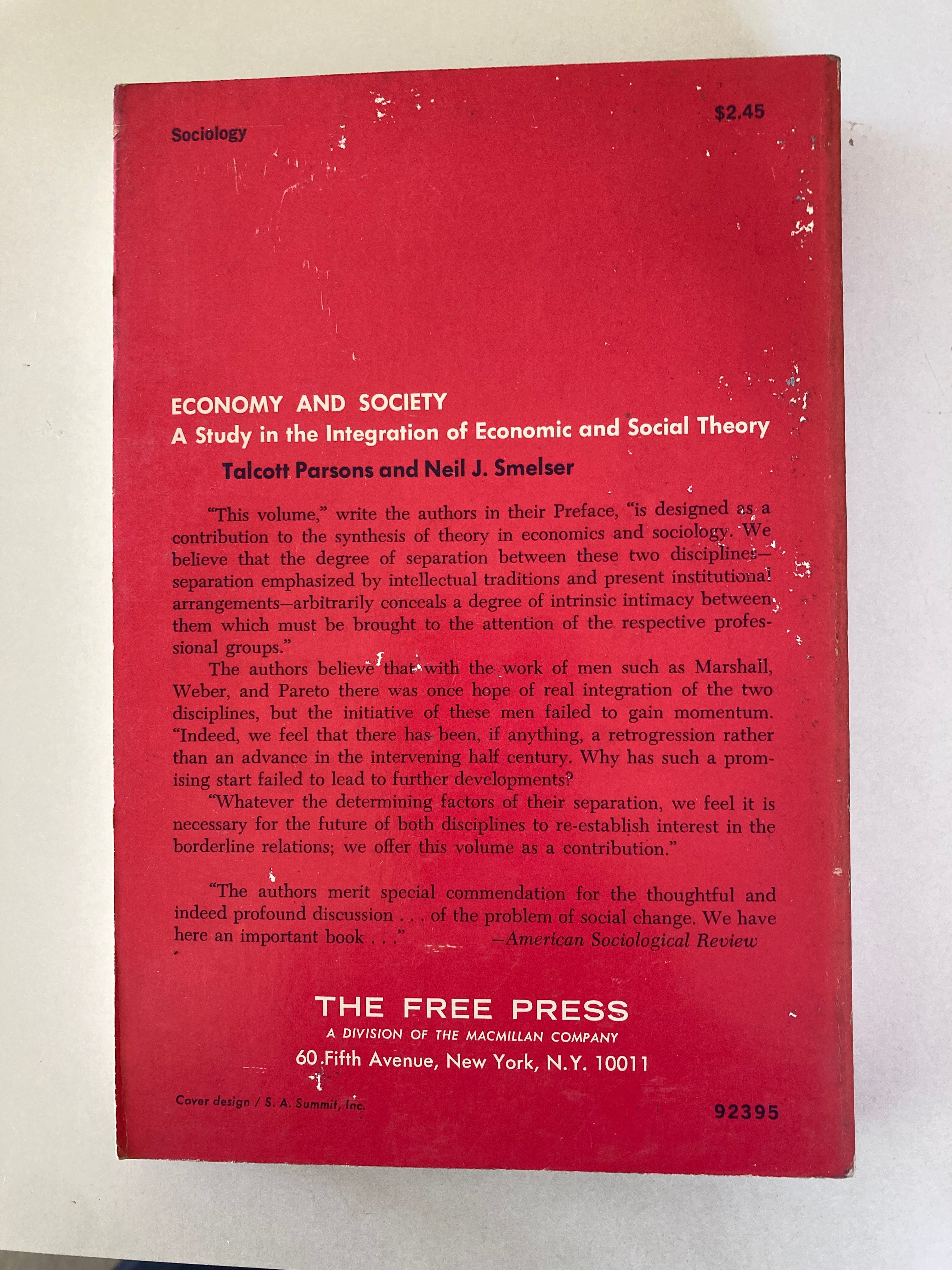 Economy and Society Talcott Parsons & Neil Smelser A Free Press Paperback 1965