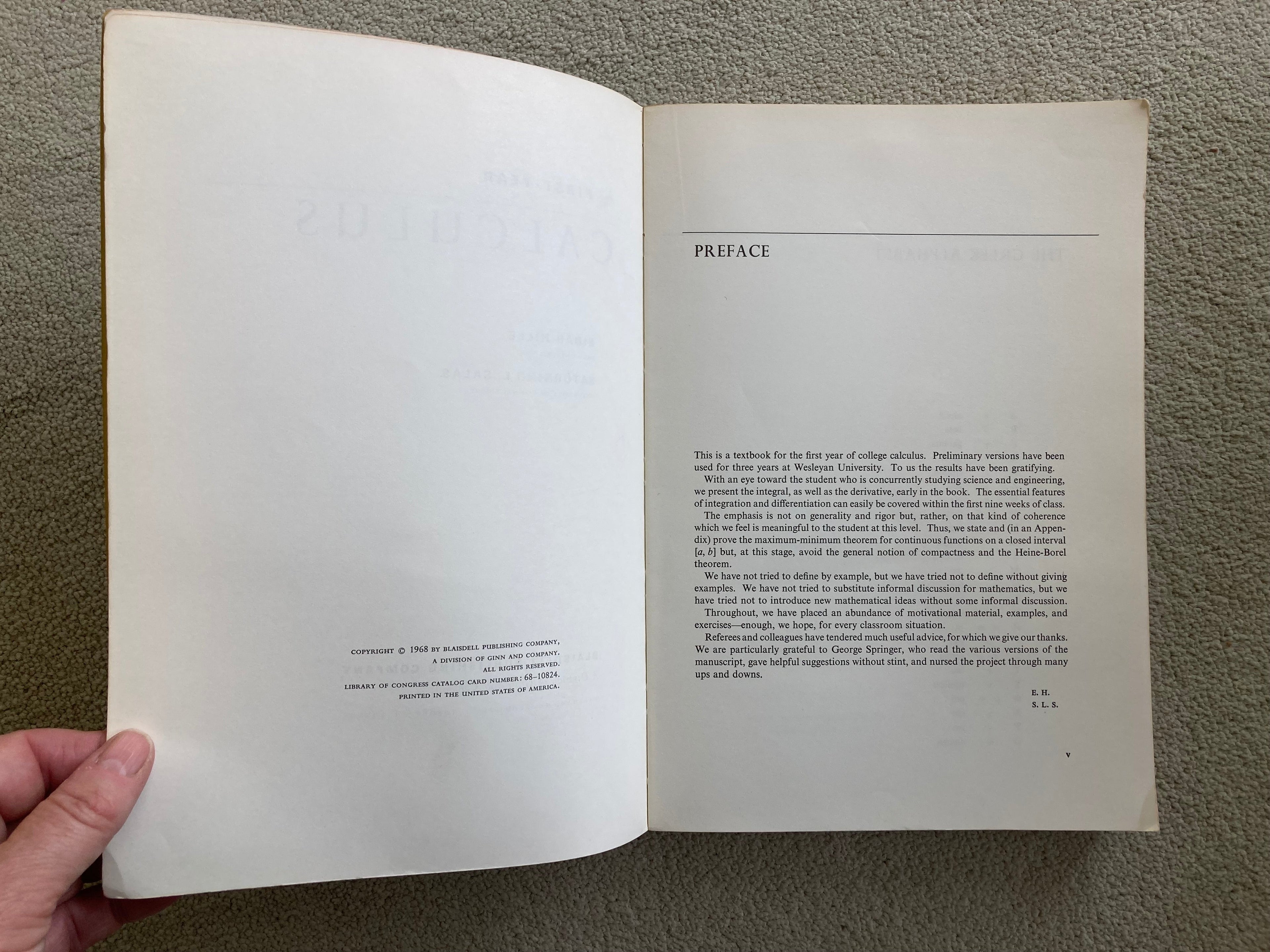 First Year Calculus by Einar Hille and Saturnino Salas published by Blaisdell Publishing in 1968