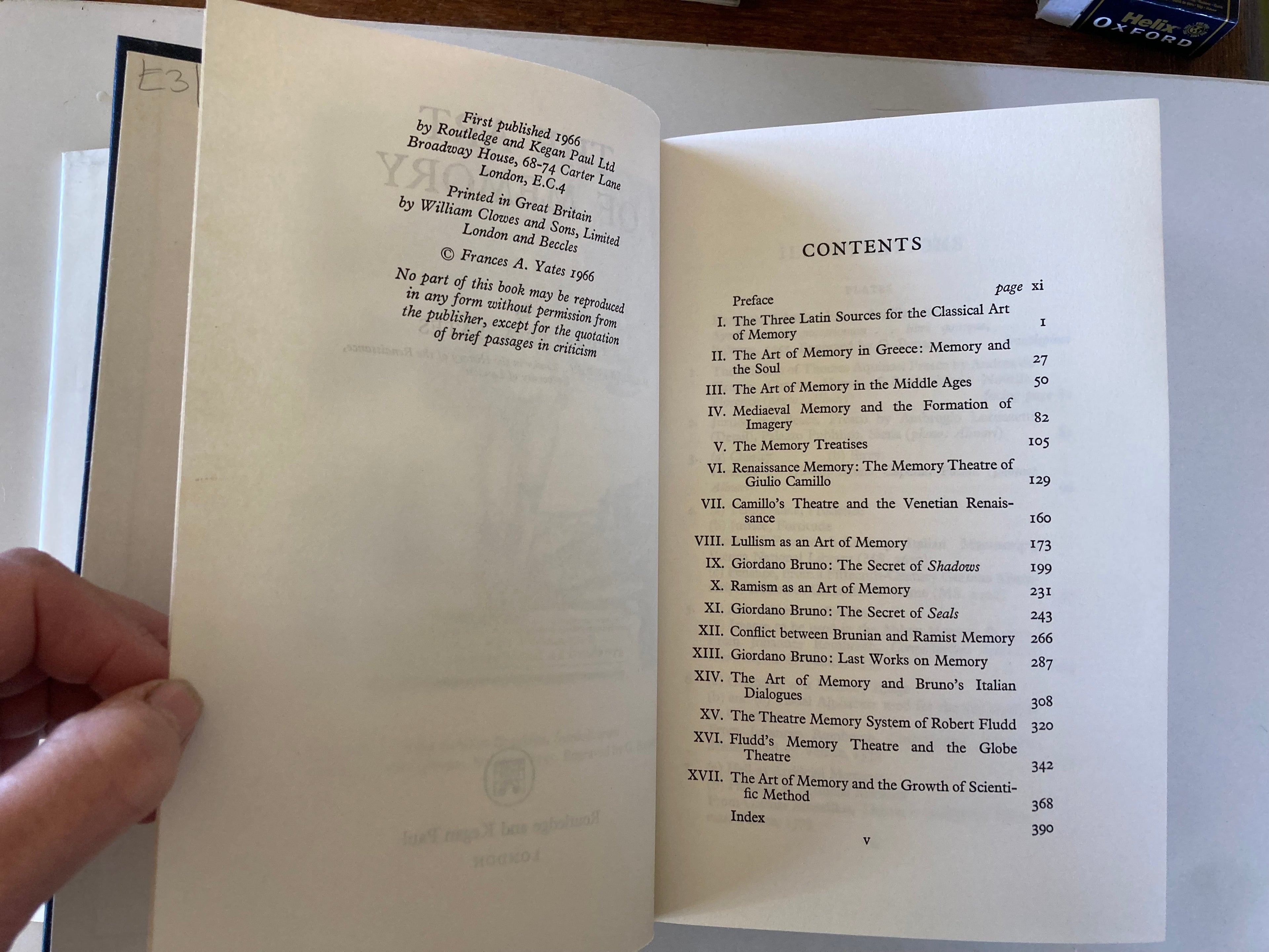 The Art of Memory by Frances A Yates First Edition Hardback Book from 1966