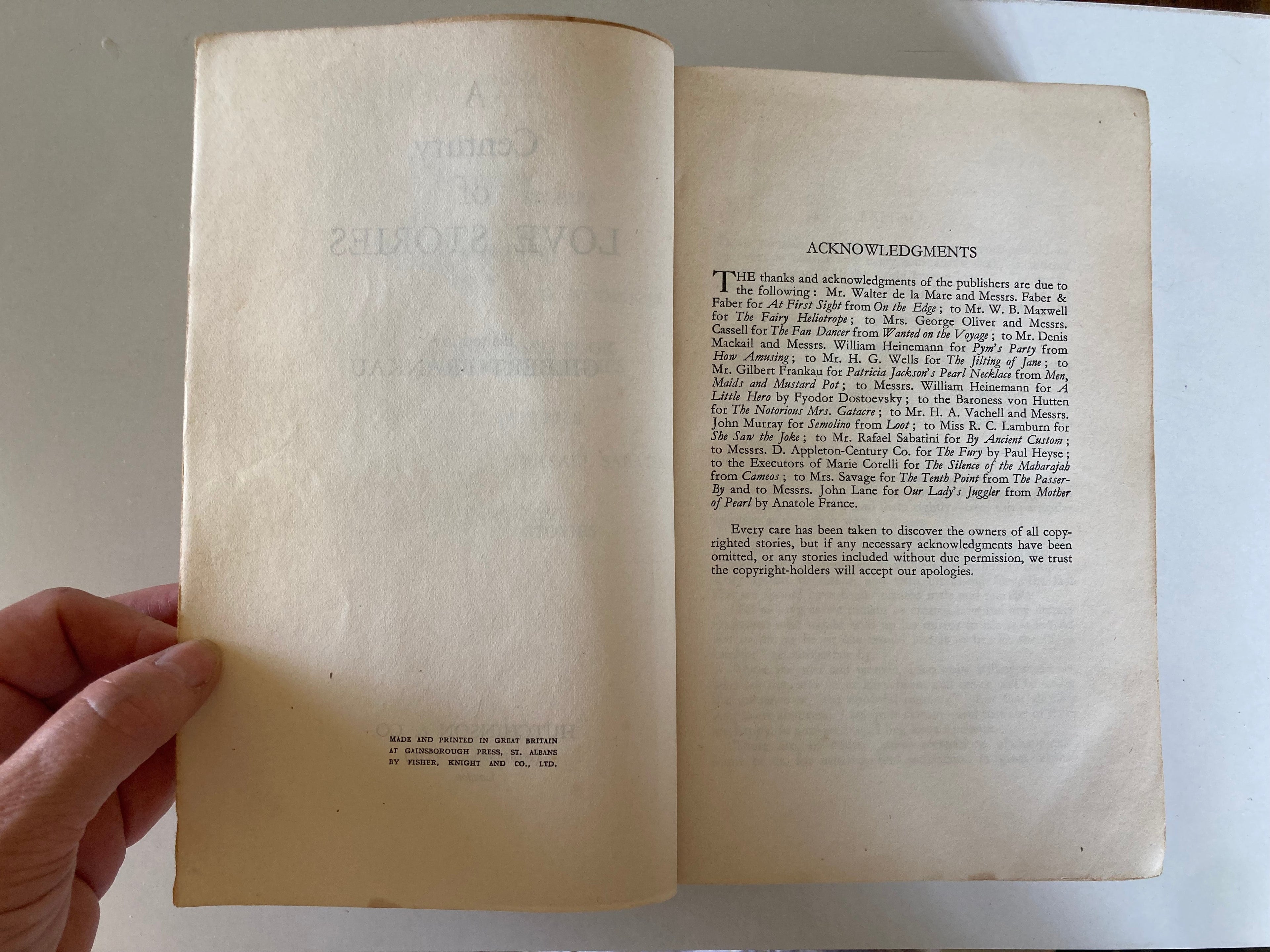 A Century of Love Stories Edited by Gilbert Frankau Published by Hutchinson & Co