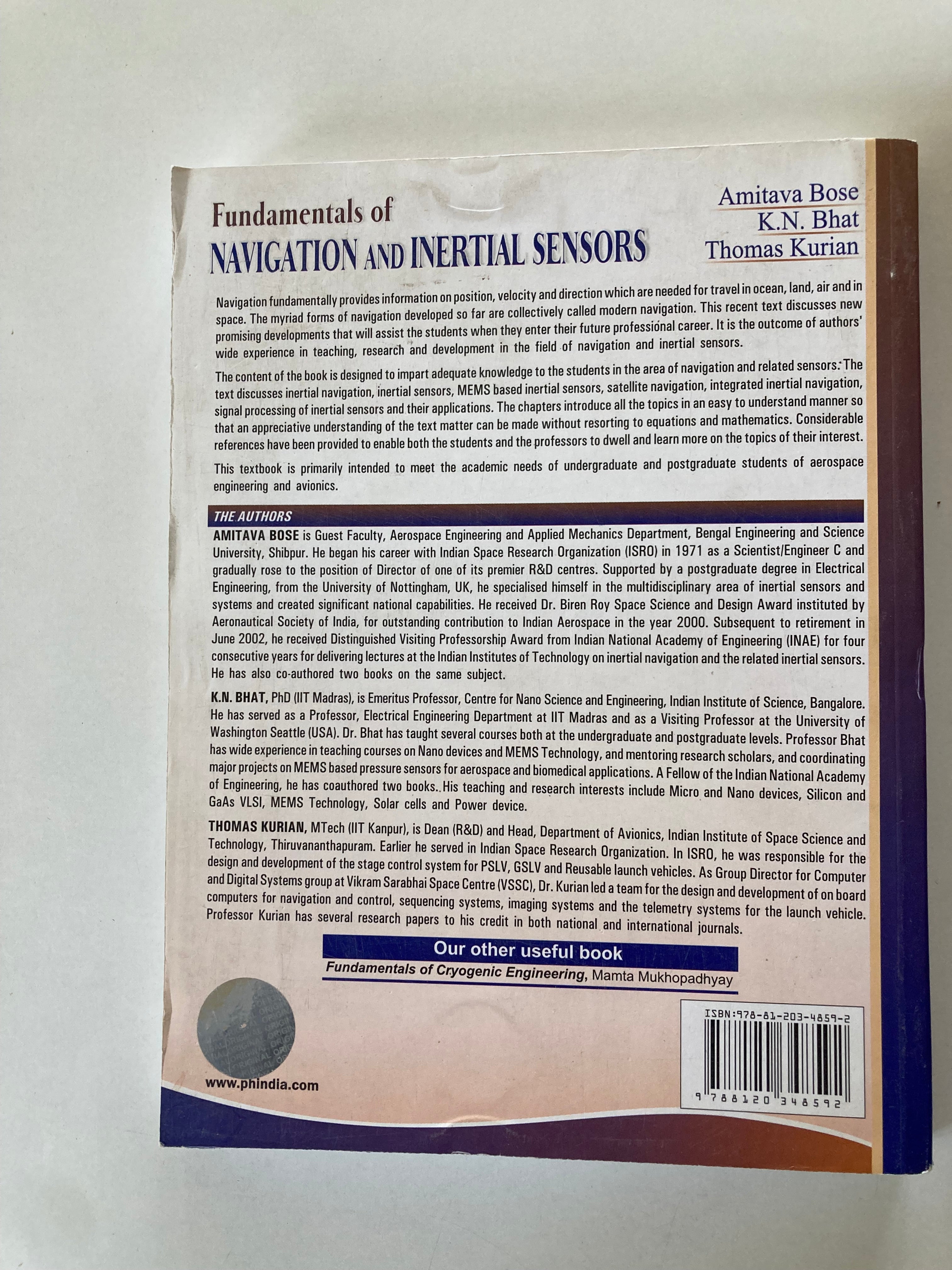 Fundamentals of Navigation and Inertial Sensors Paperback Book by Amitava Bose, K N Bhat and Thomas Kurian