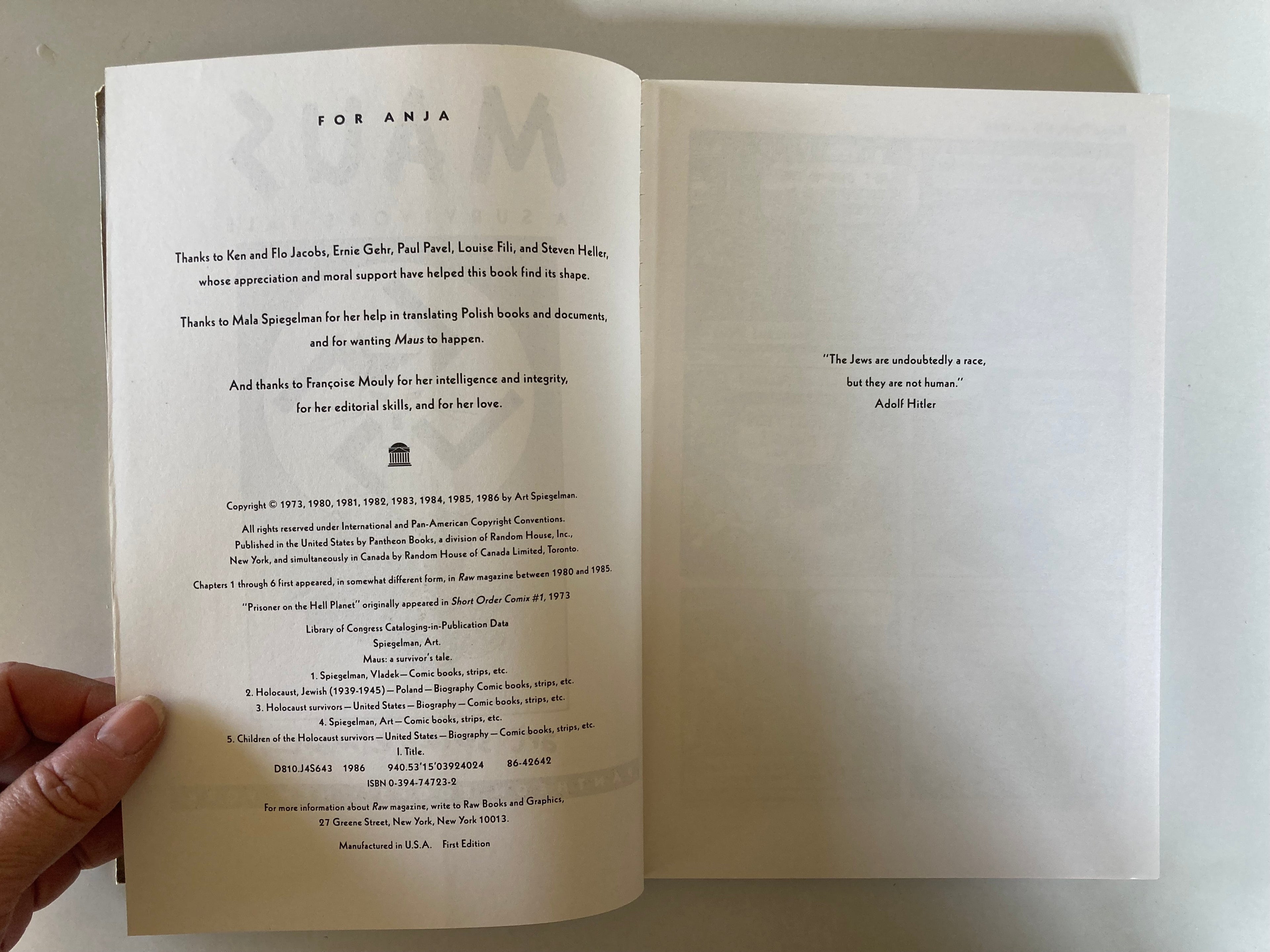 Maus A Survivor's Tale by Art Spiegelman Stated First Edition Pantheon Books 1986 Cartoon Autobiography about the Holocaust