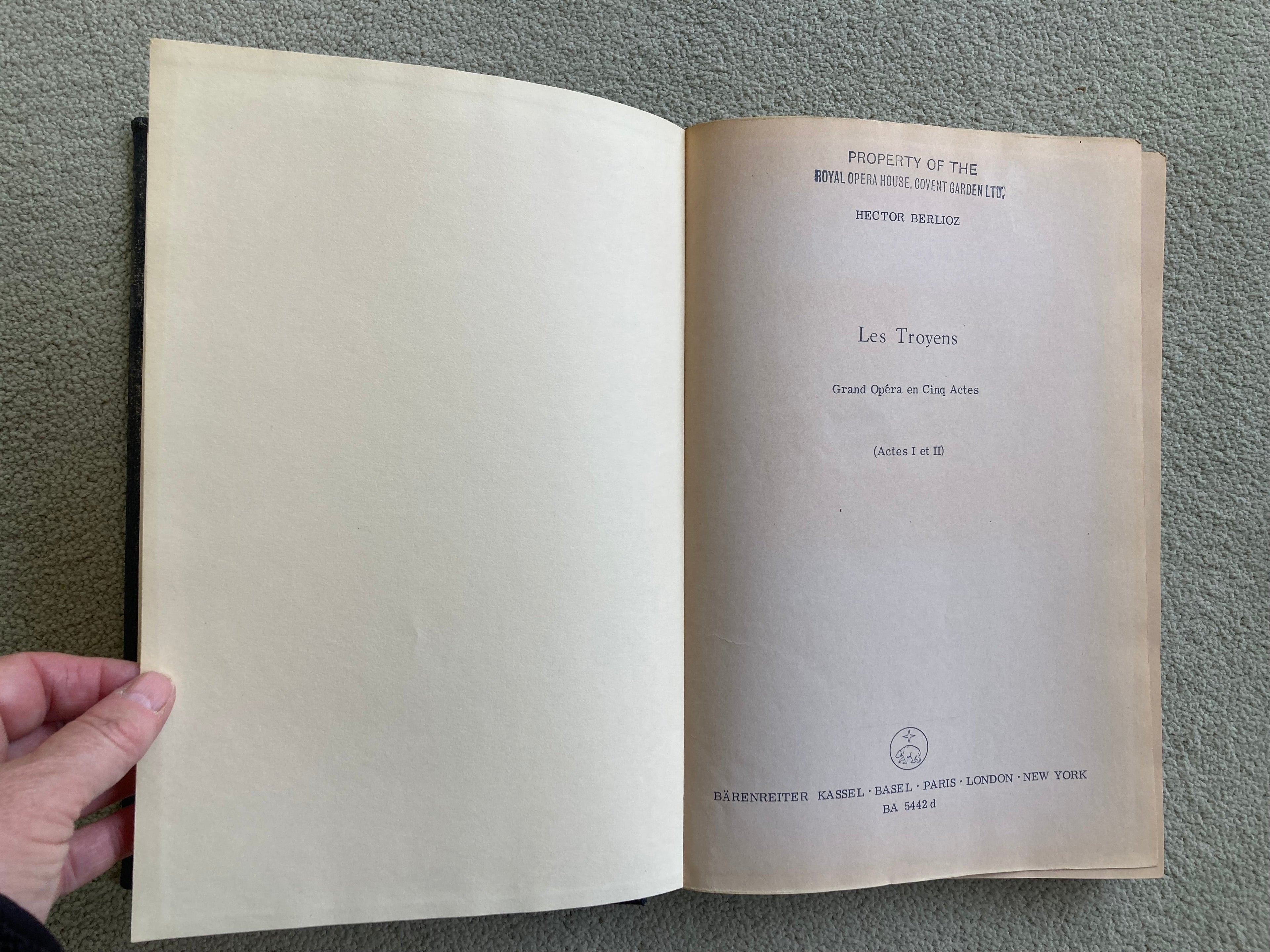 Music Vocal Score of Les Troyens Hector Berlioz Acts 1-5 in Two Volumes with Property of The Royal Opera House Stamp Barenreiter Kassell BA5442e