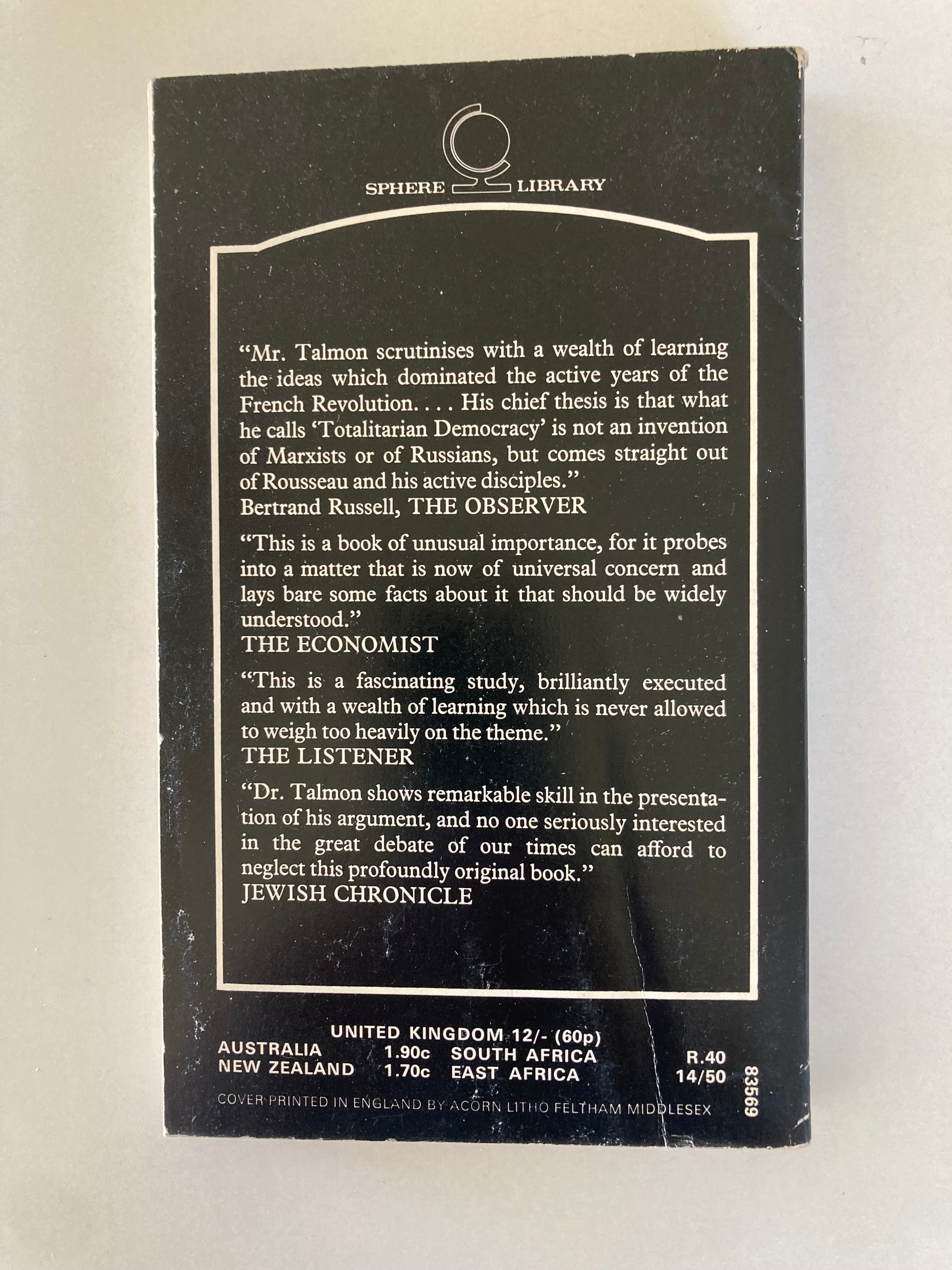 The Origins of Totalitarian Democracy by J L Talmon First Sphere Library Paperback Book 1970