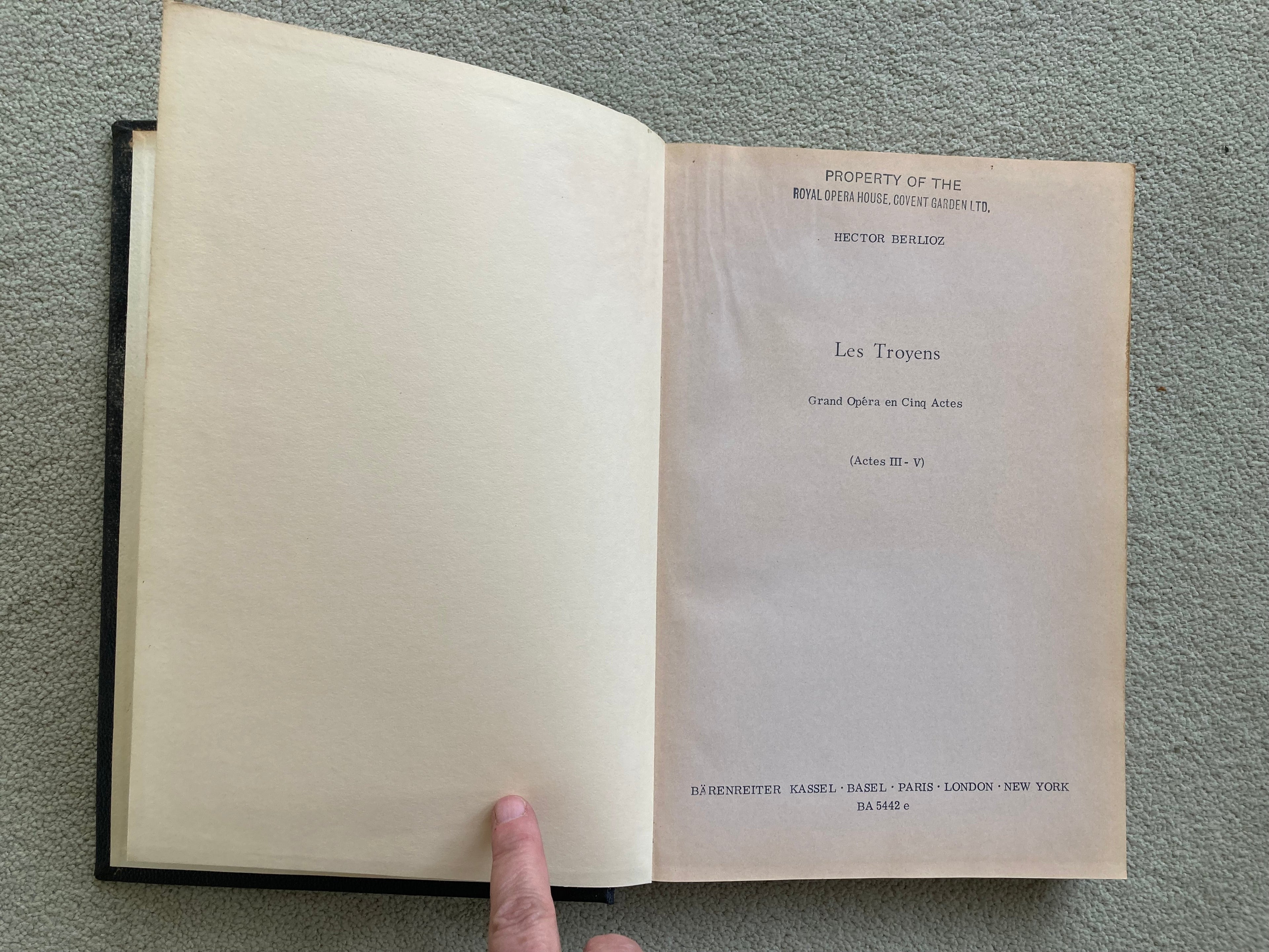 Music Vocal Score of Les Troyens Hector Berlioz Acts 1-5 in Two Volumes with Property of The Royal Opera House Stamp Barenreiter Kassell BA5442e
