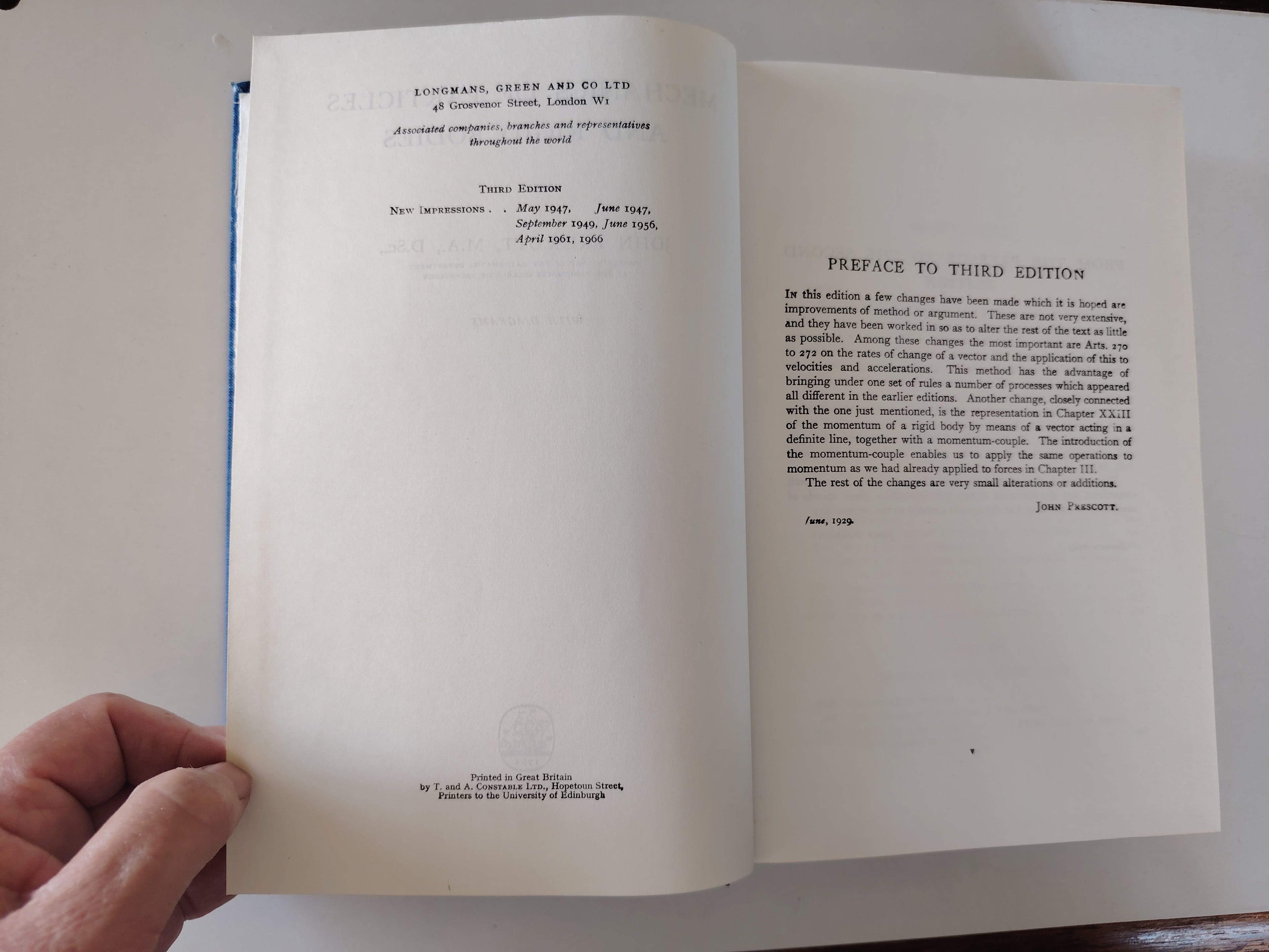Mechanics of Particles and Rigid Bodies by John Prescott with Diagrams Published 1966