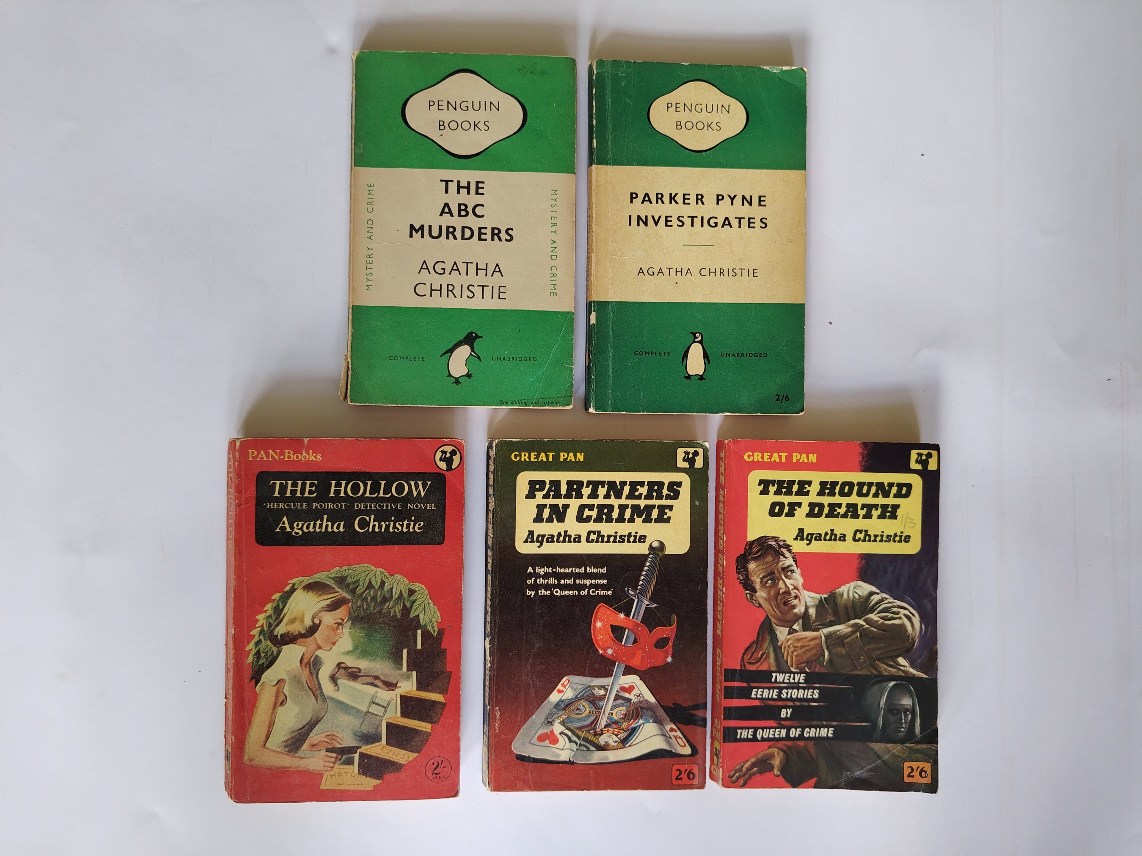 Vintage Agatha Christie Paperback Books Green Penguin Crime and Great Pan The ABC Murders First Edition, Parker Pyne Investigates, The Hollow, The Hound of Death, Partners in Crime