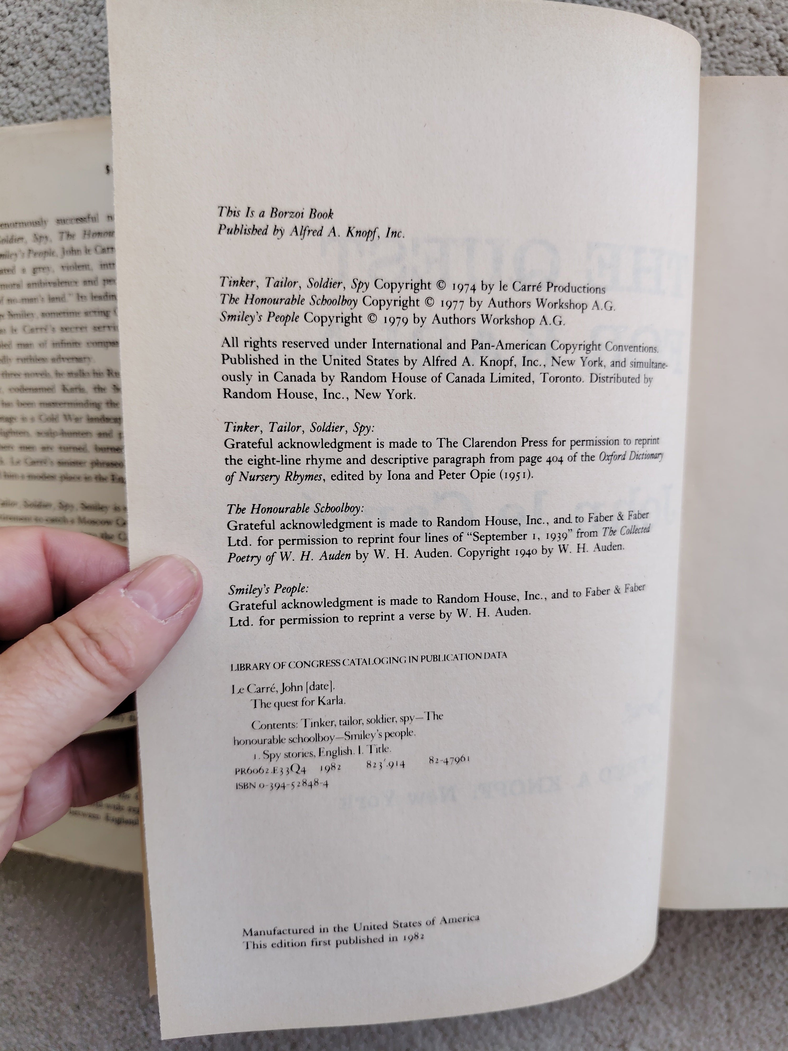 The Quest for Karla by John le Carre Tinkler Tailor Soldier Spy, The Honourable Schoolboy and Smiley's People First US Edition Alfred A Knopf 1982