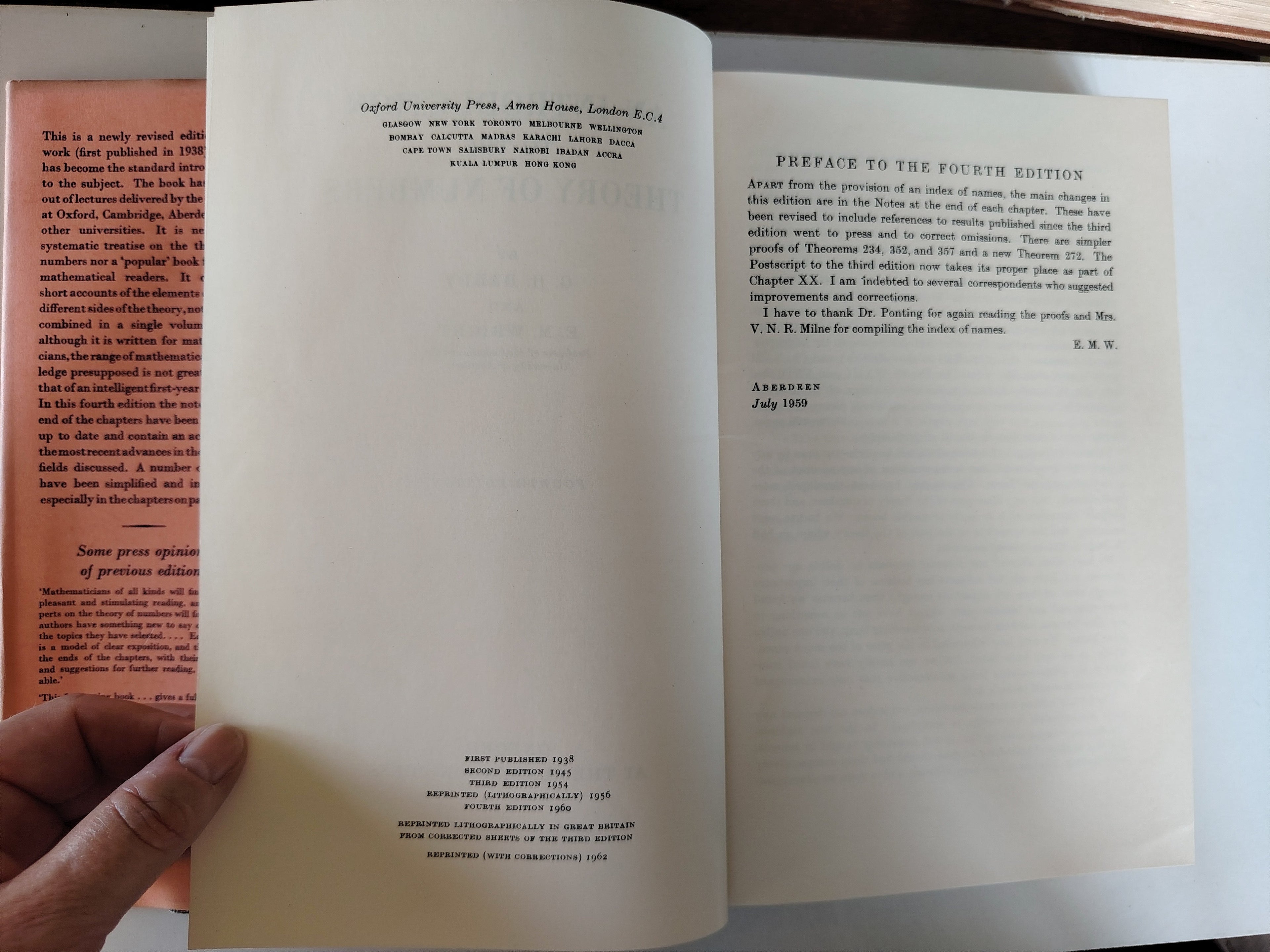 An Introduction to The Theory of Numbers Fourth Edition G H Hardy ad E M Wright Hardback Book from 1960