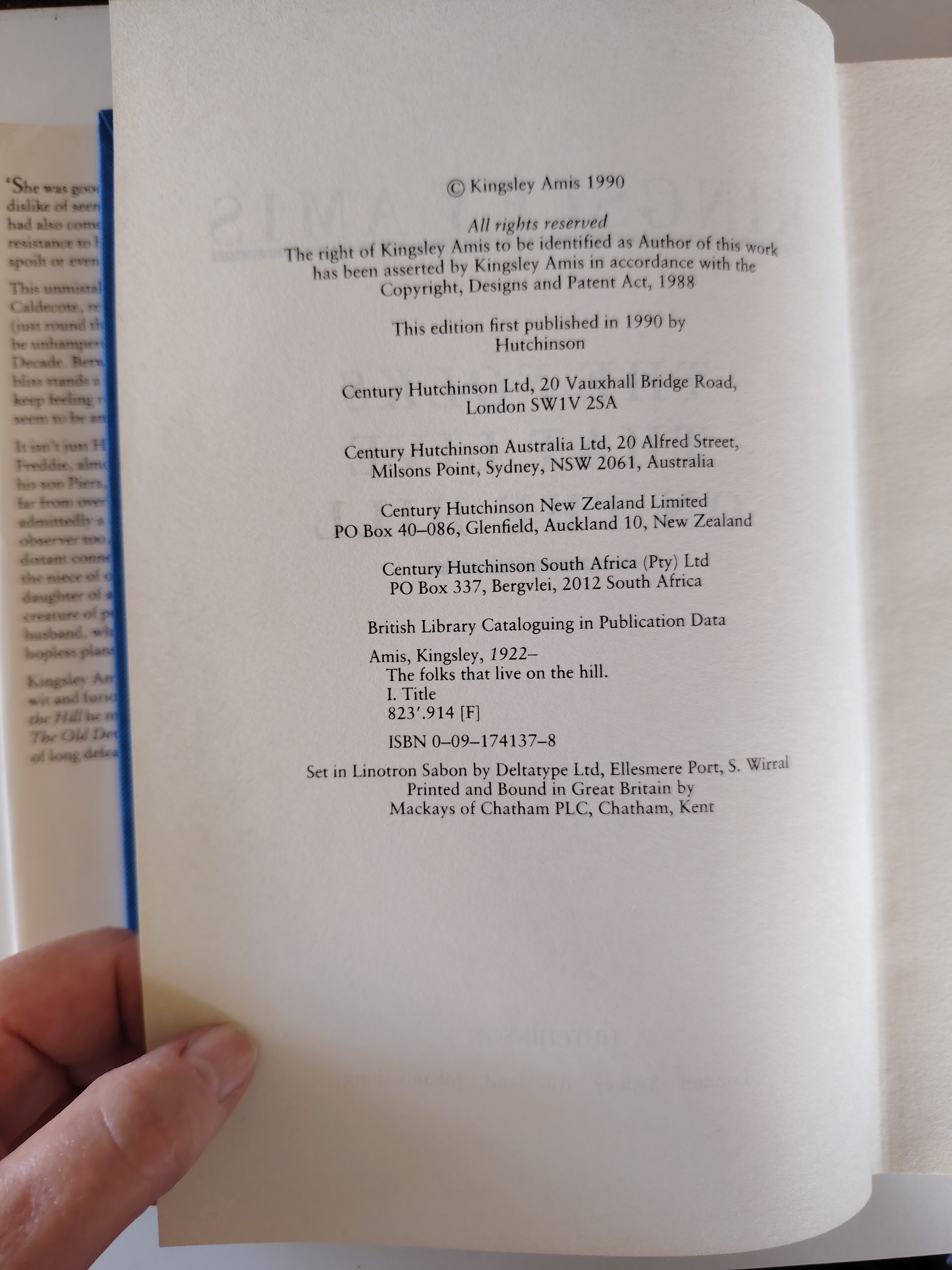 The Folks That Live on The Hill SIGNED by Kingsley Amis First Edition 1990 Published by Hutchinson