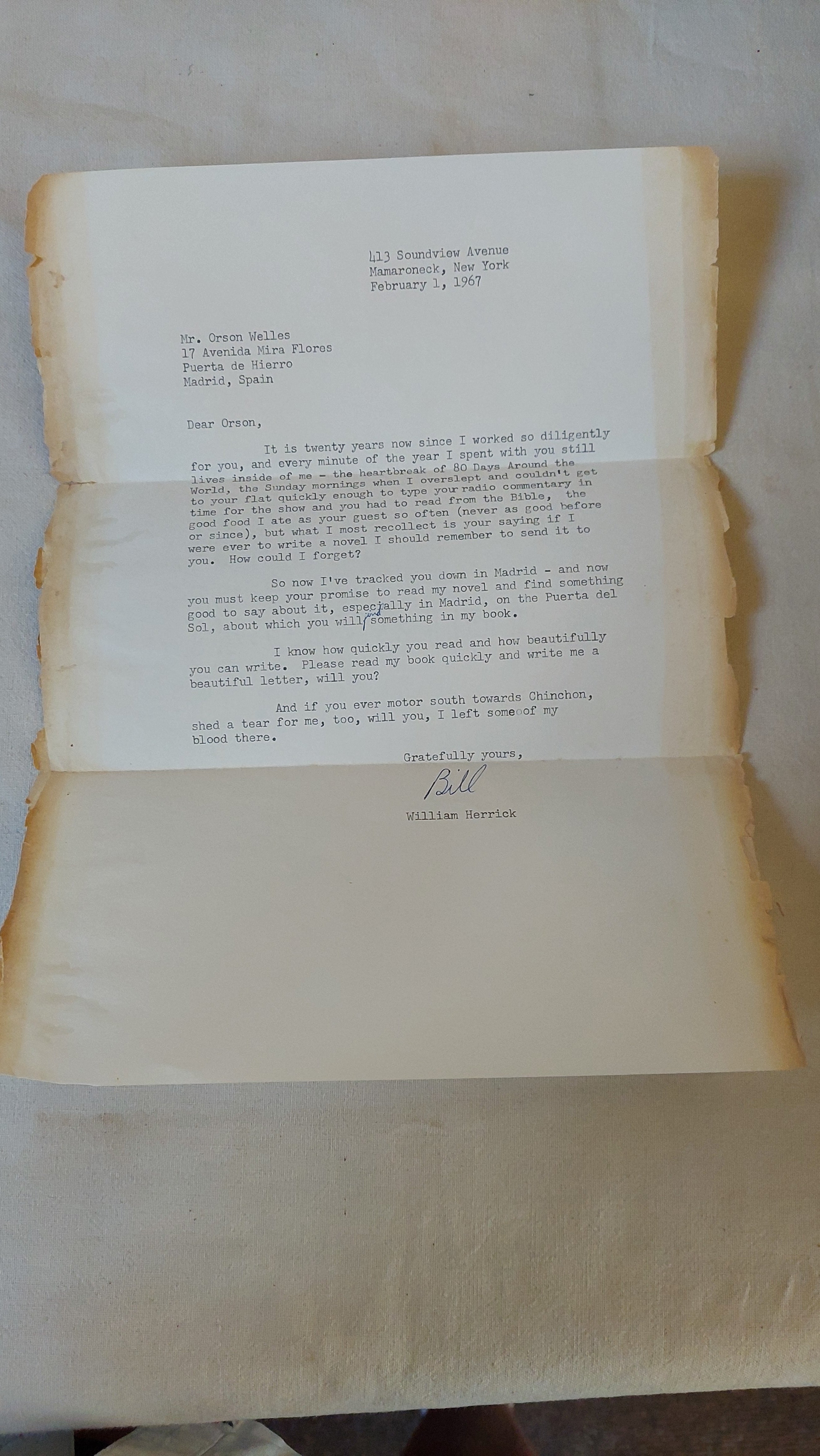 The Itinerant A Novel by William Herrick with Personal Letter from Author to Orson Wells