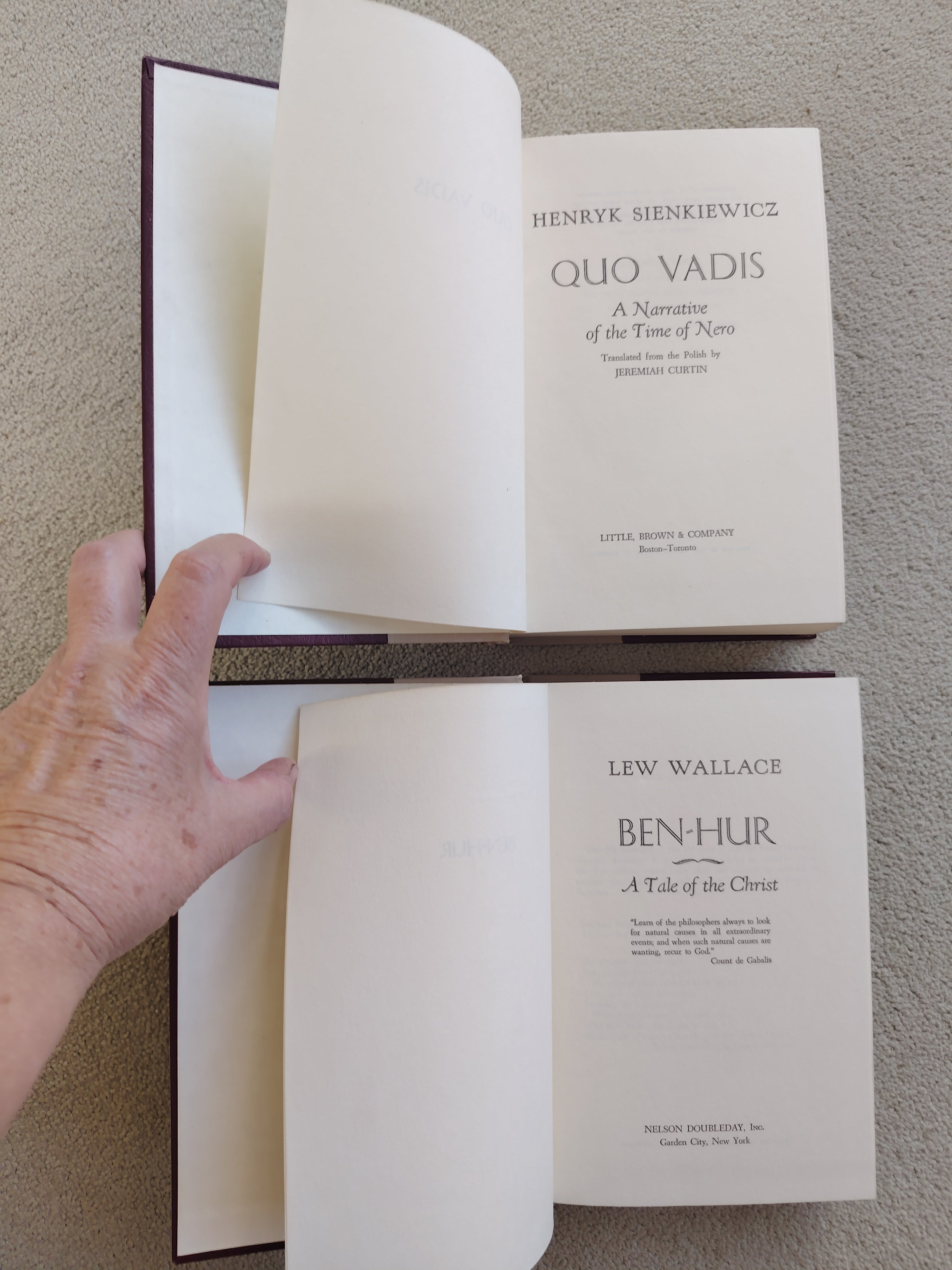 Two Classic Titles Quo Vadis by Henryk Sienkiewicz  and Ben Hur by Lew Wallace Nelson Doubleday and Little Brown