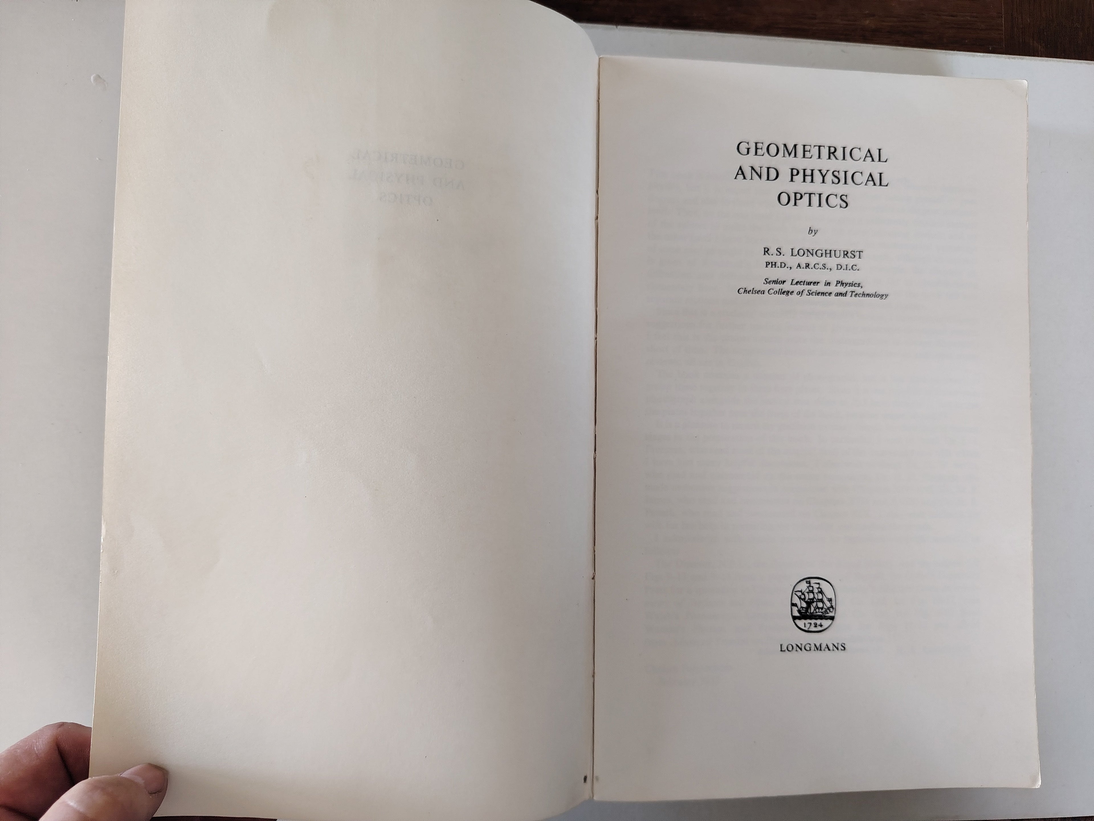 Geometrical and Physical Optics by R S Longhurst Student's Edition 1964