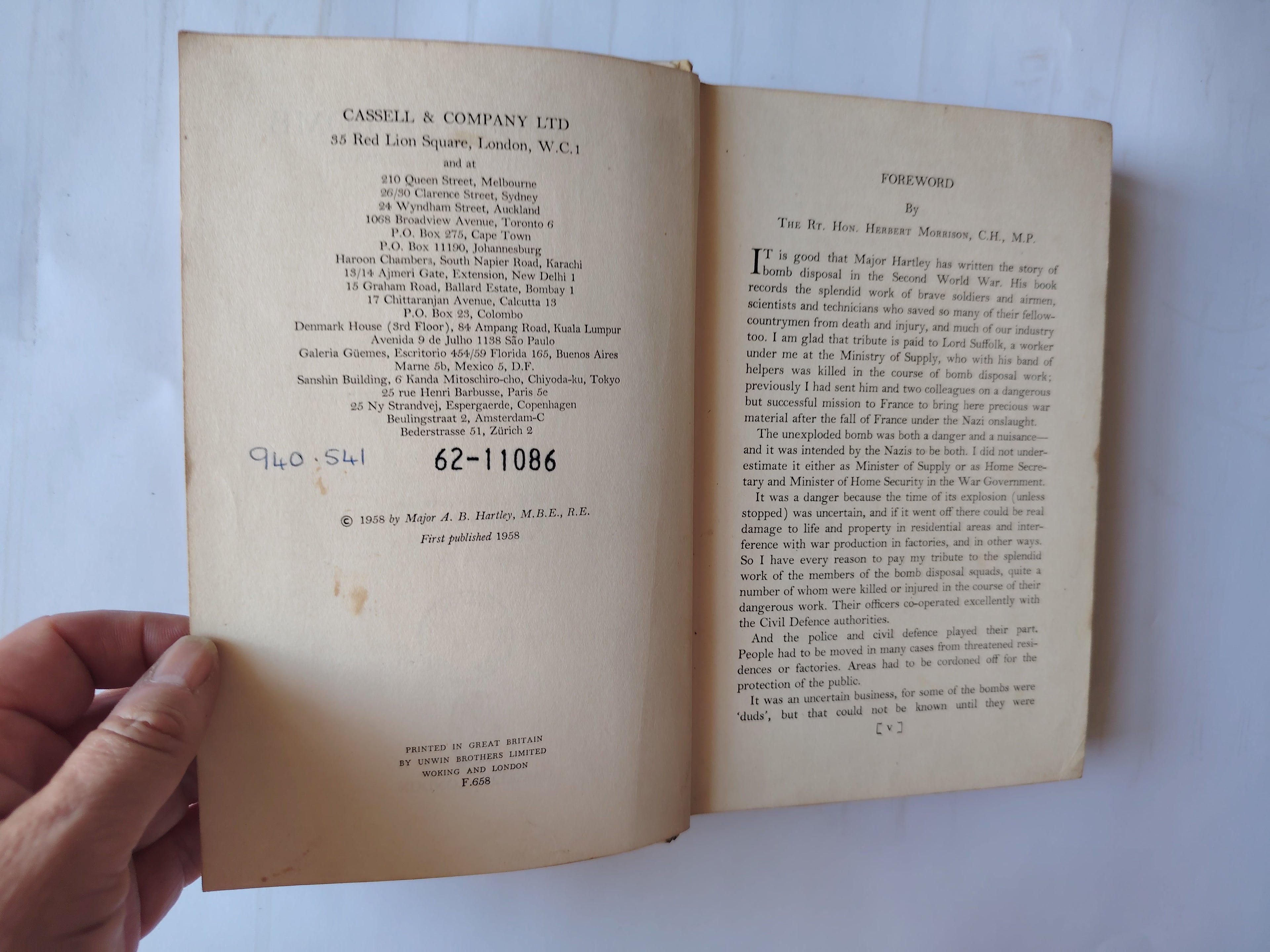Unexploded Bomb A History of Bomb Disposal by Major A B Hartley First Edition 1958 Ex-Library Book