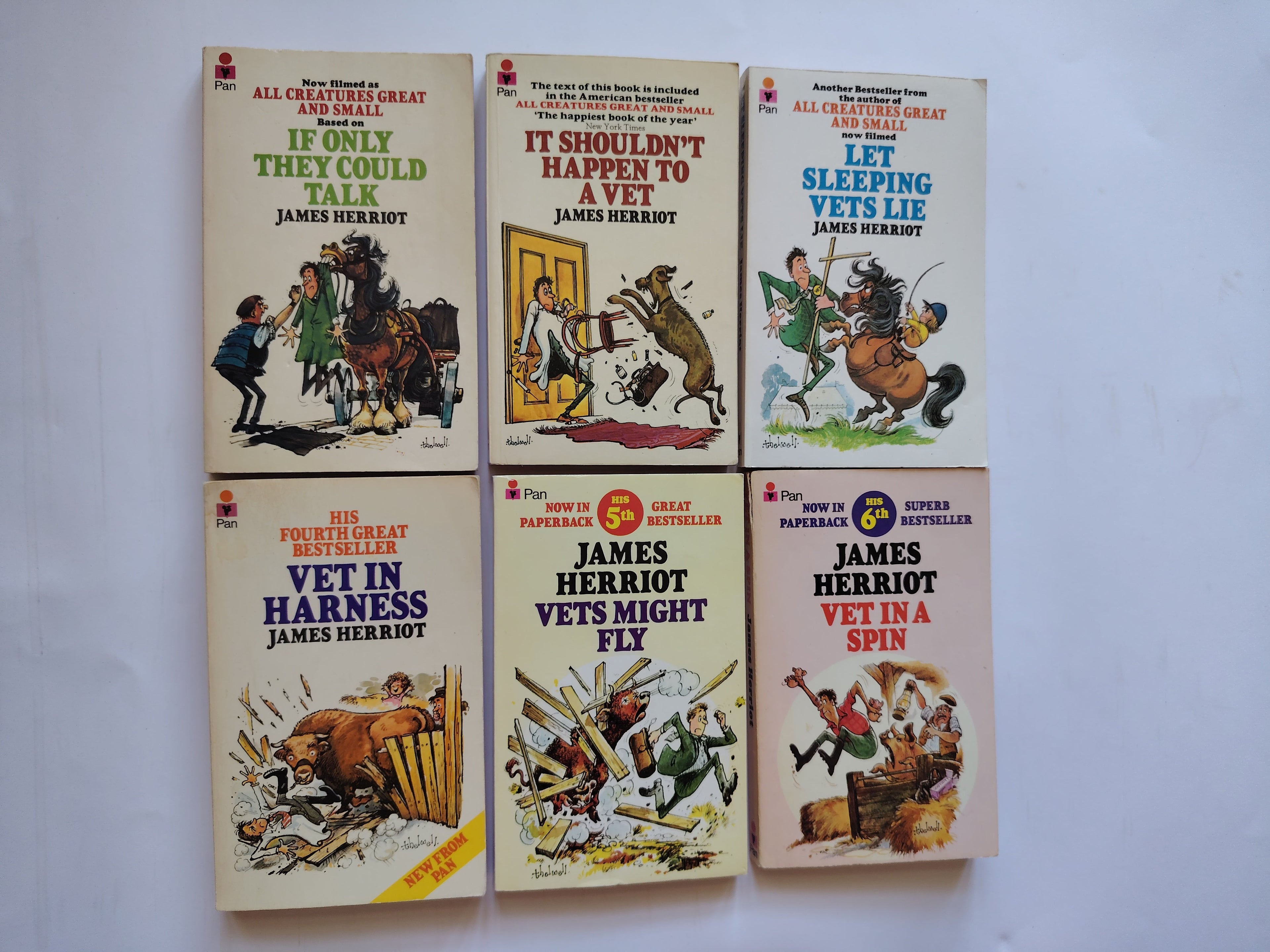 Six James Herriot PAN Paperback Books All Creatures Great and Small with Thelwell Covers 1970s