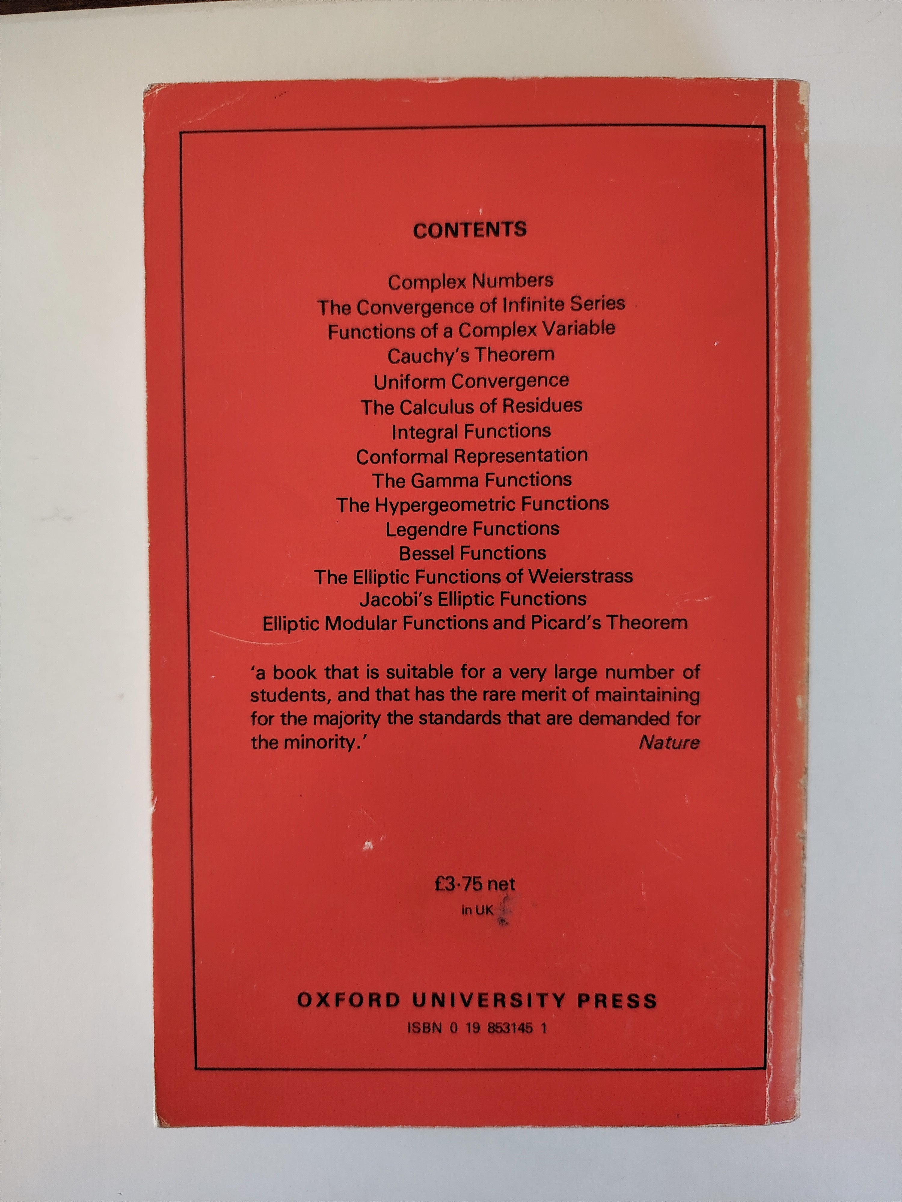 An Introduction to the Theory of Functions of a Complex Variable by E T Copson 1976