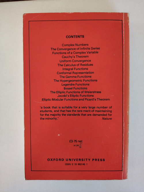 An Introduction to the Theory of Functions of a Complex Variable by E T Copson 1976