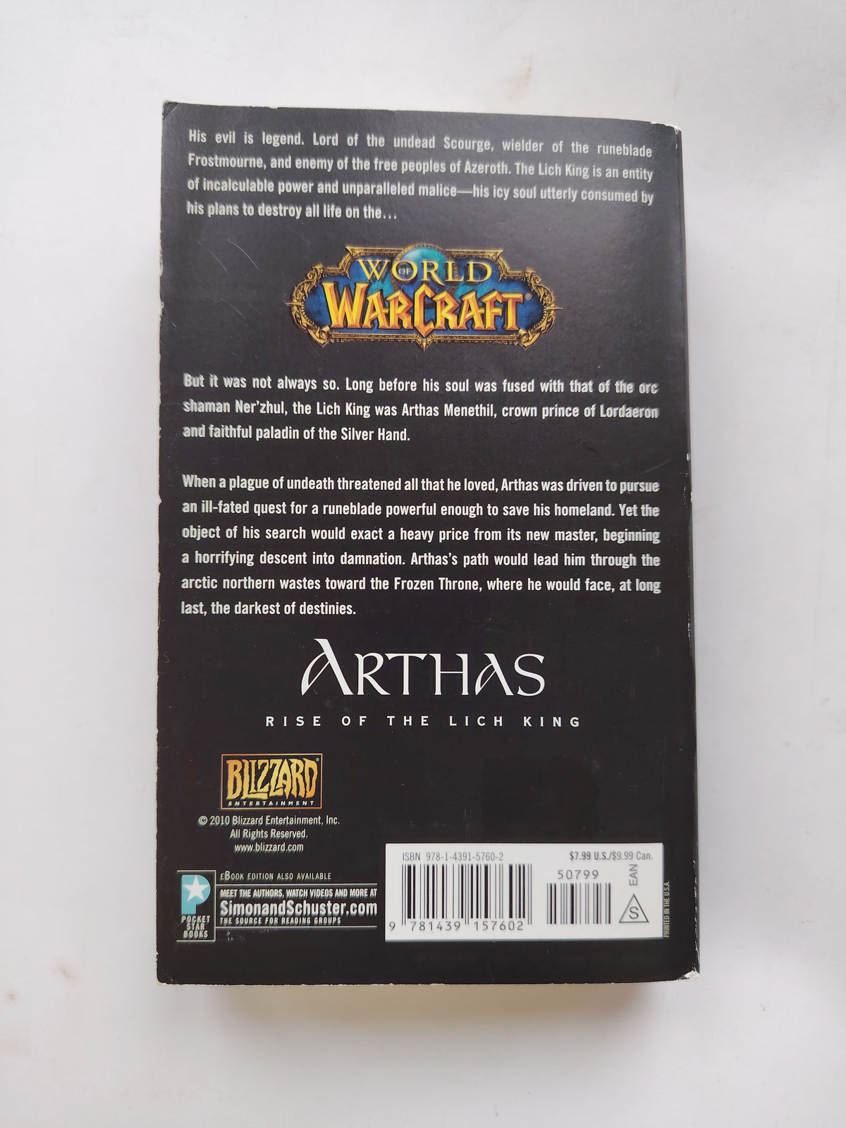 World of Warcraft Arthas Rise of the Lich King by Christie Golden Pocket Star Books First Edition, Second Impression 2010