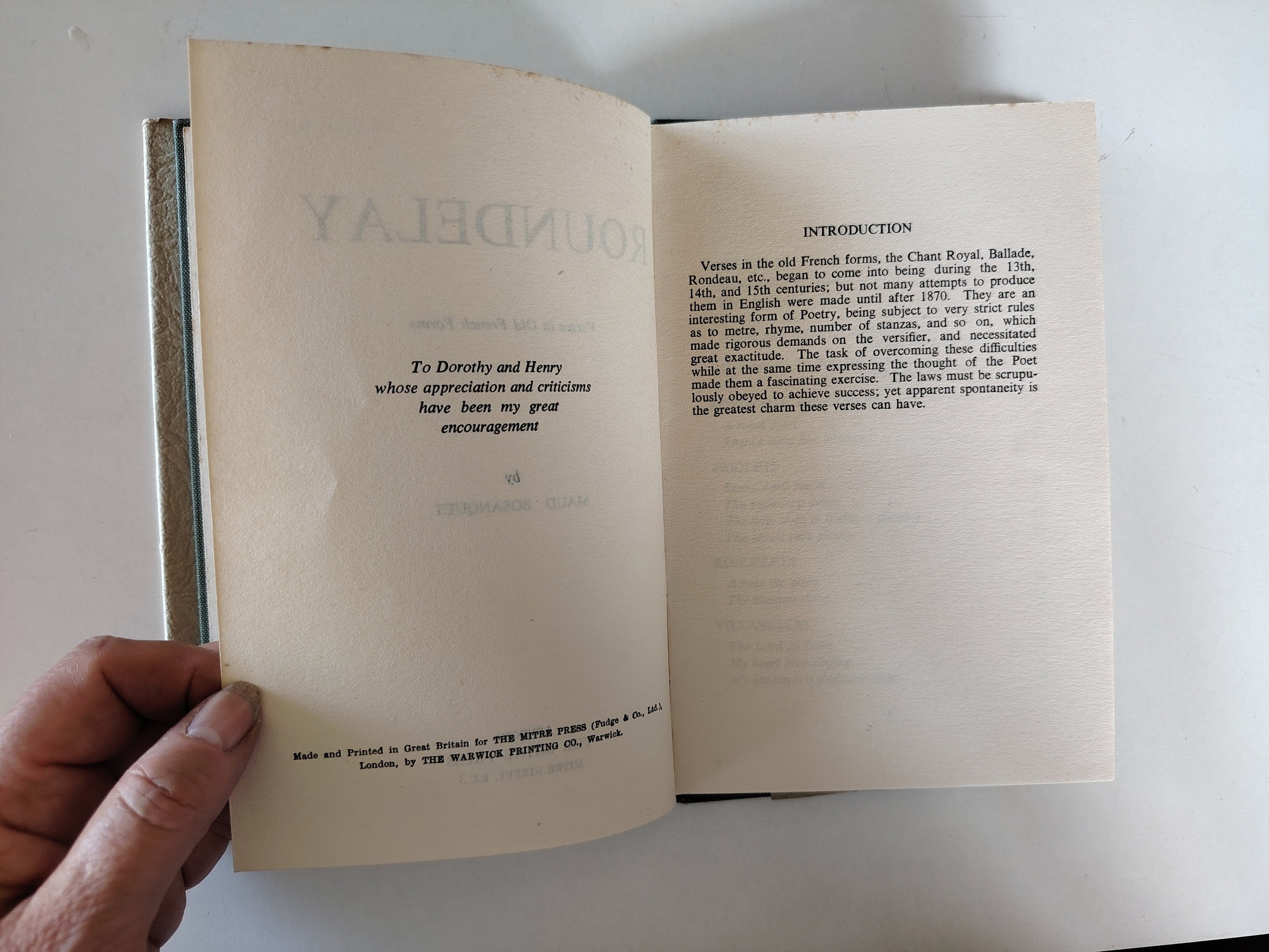 Roundelay Verses in Old French Forms by Maud Bosanquet RARE Book First Edition 1950 with hand written dedication from the  author