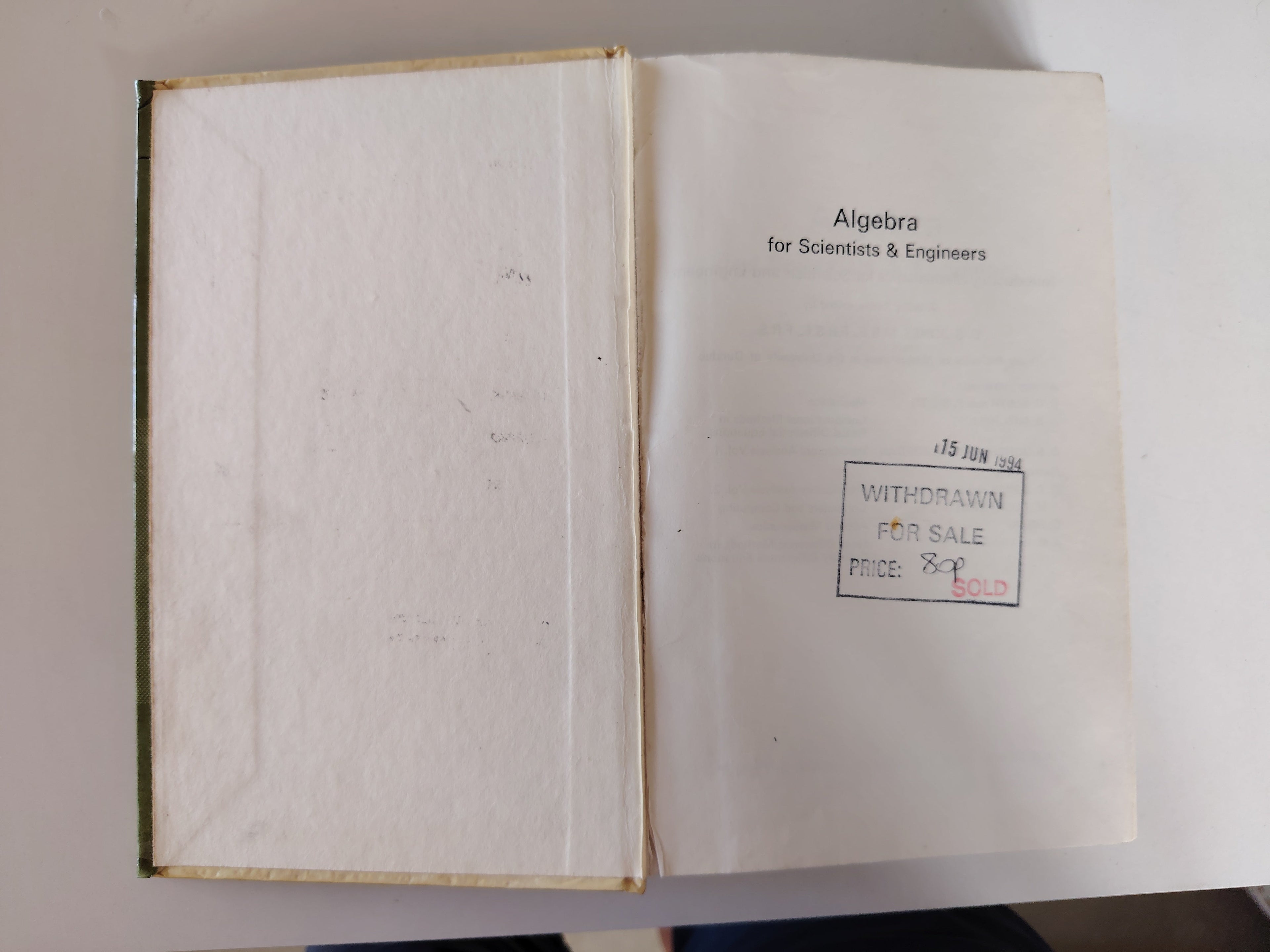 Algebra for Scientists and Engineers Hans Liebeck Ex Library Book from 1969 by John Wiley & Sons