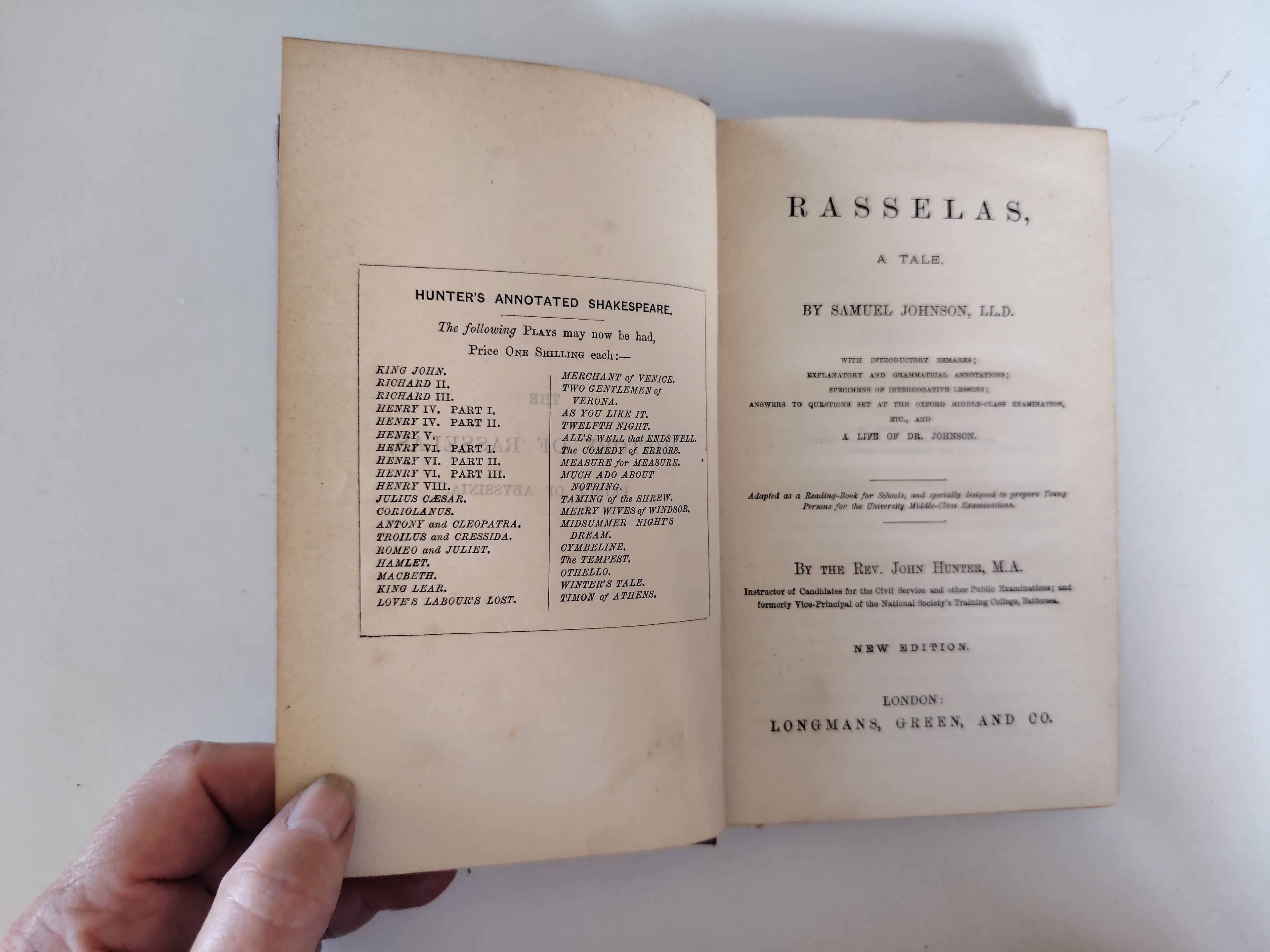 The History of Rasselas Prince of Abyssinia A Tale by Samuel Johnson by The Rev John Hunter Longmans Green and Co Undated