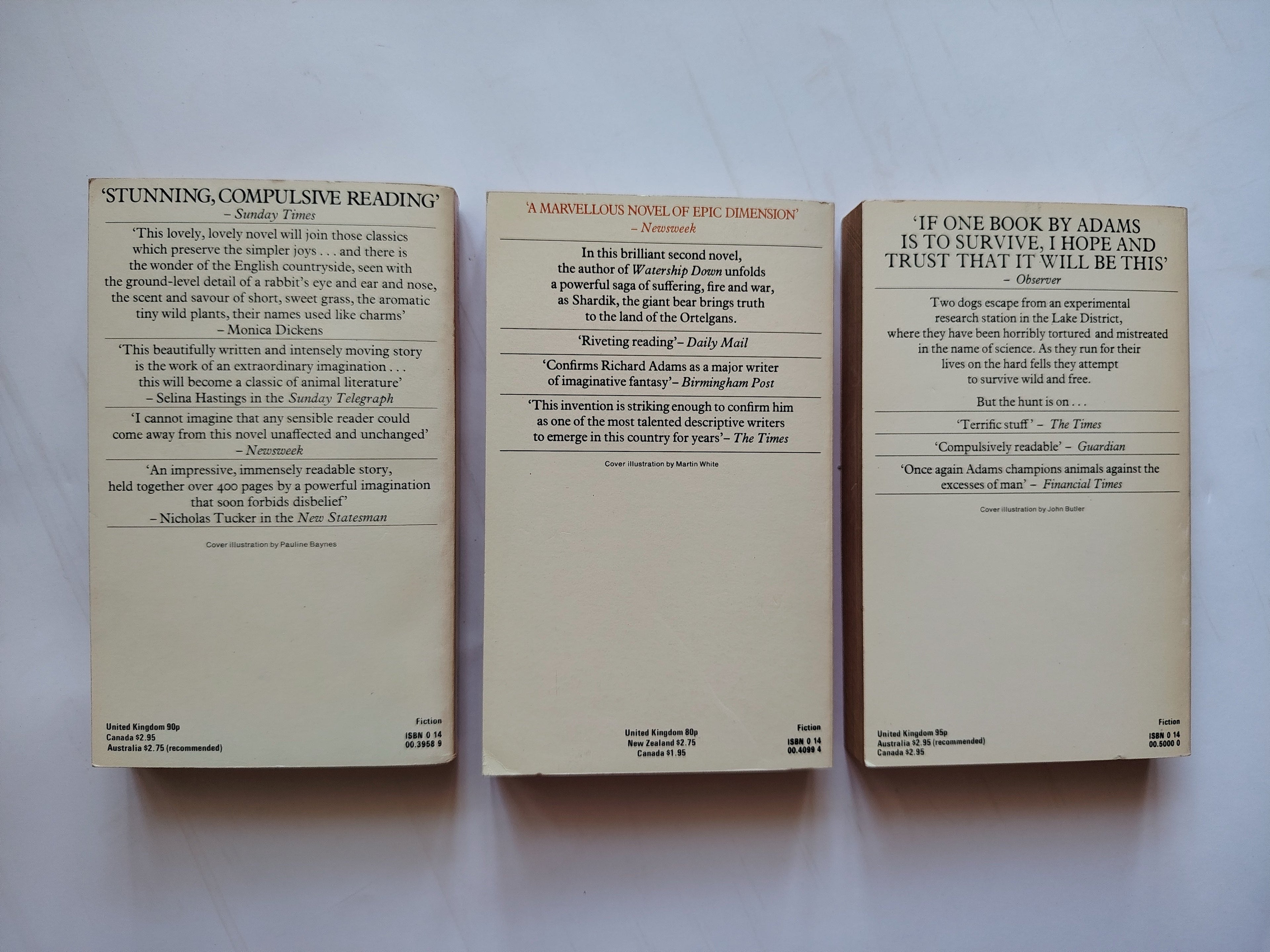 Three Richard Adams Penguin Paperback Books Watership Down, Shardik, The Plague Dogs 1976-78