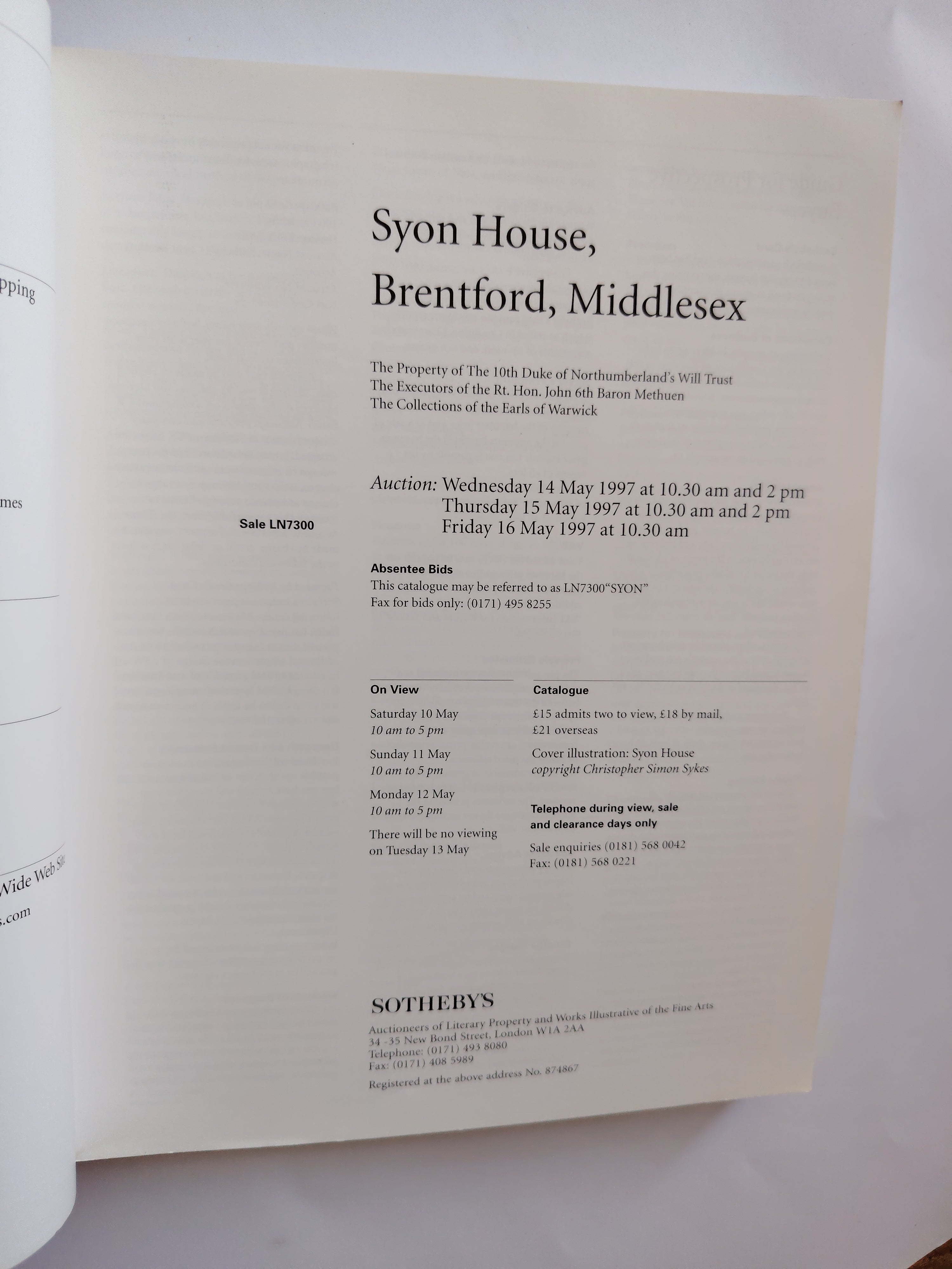 The Sale at Syon Park Middlesex Sotheby's Catalogue including Auction Flyer and Results 1997