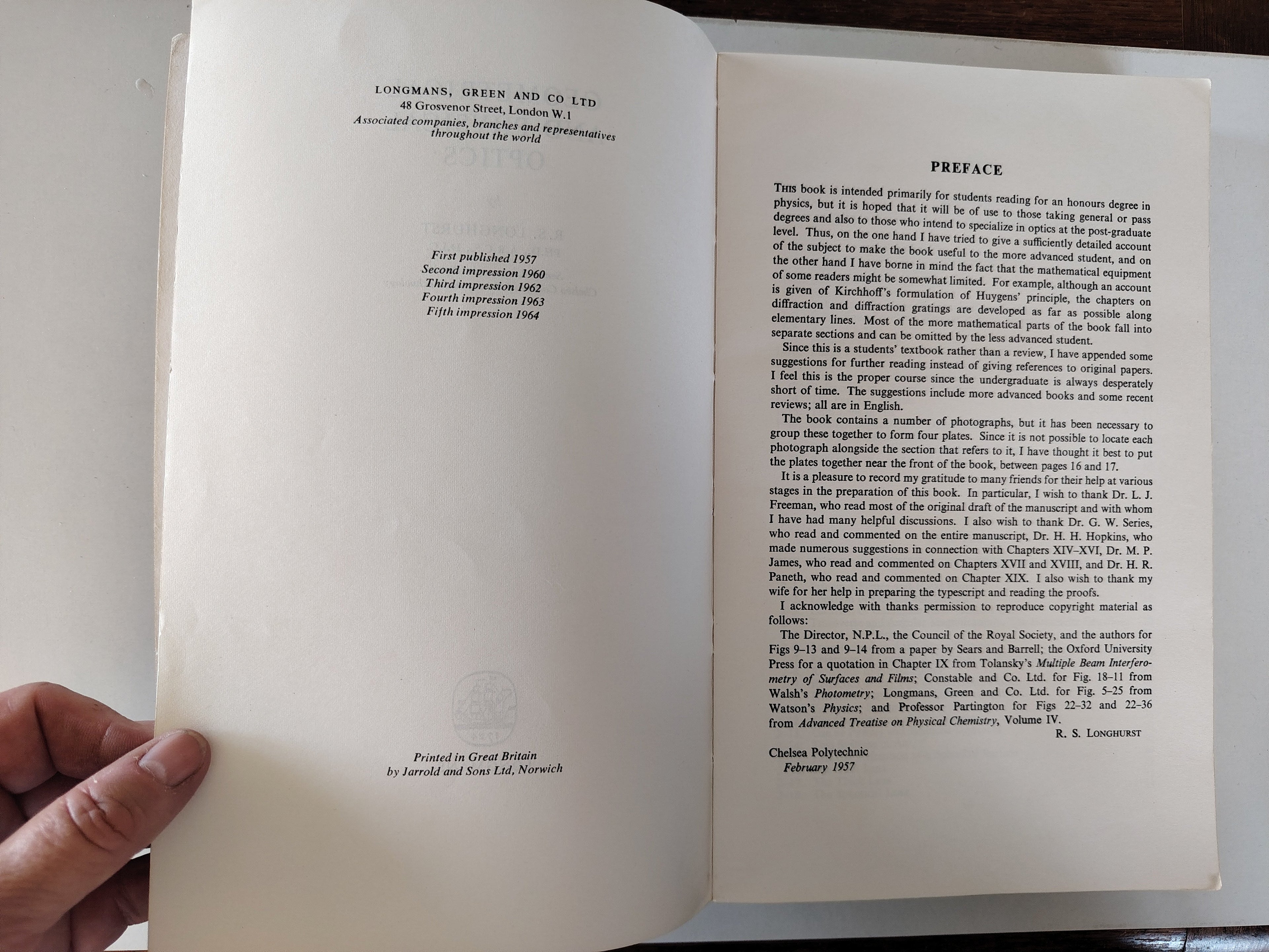Geometrical and Physical Optics by R S Longhurst Student's Edition 1964