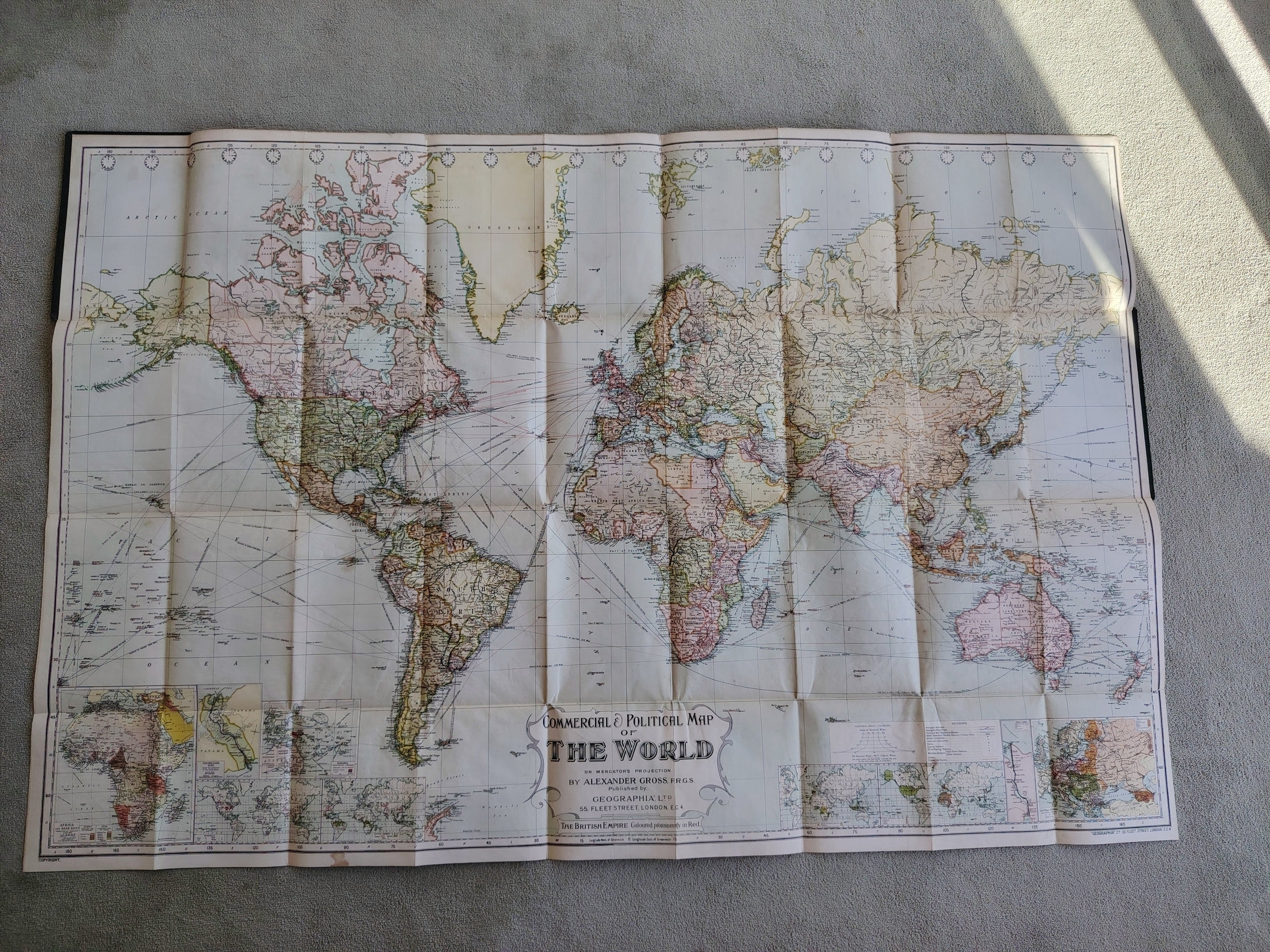Geographia Commercial & Political Map of the World by Alexander Gross c1920 in Original Cloth Folder