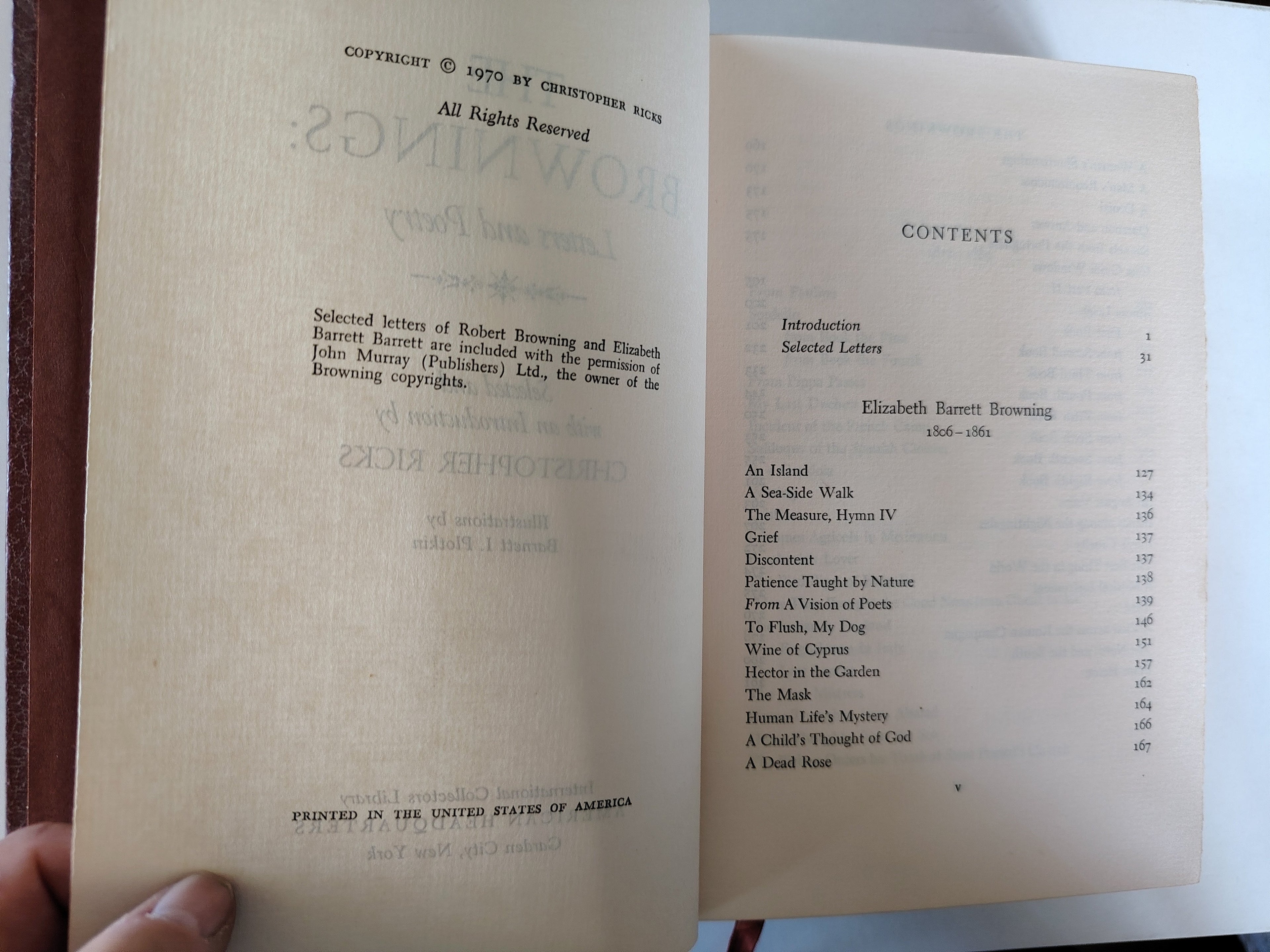 The Brownings Letters and Poetry Selected by Christopher Ricks First US Edition 1970