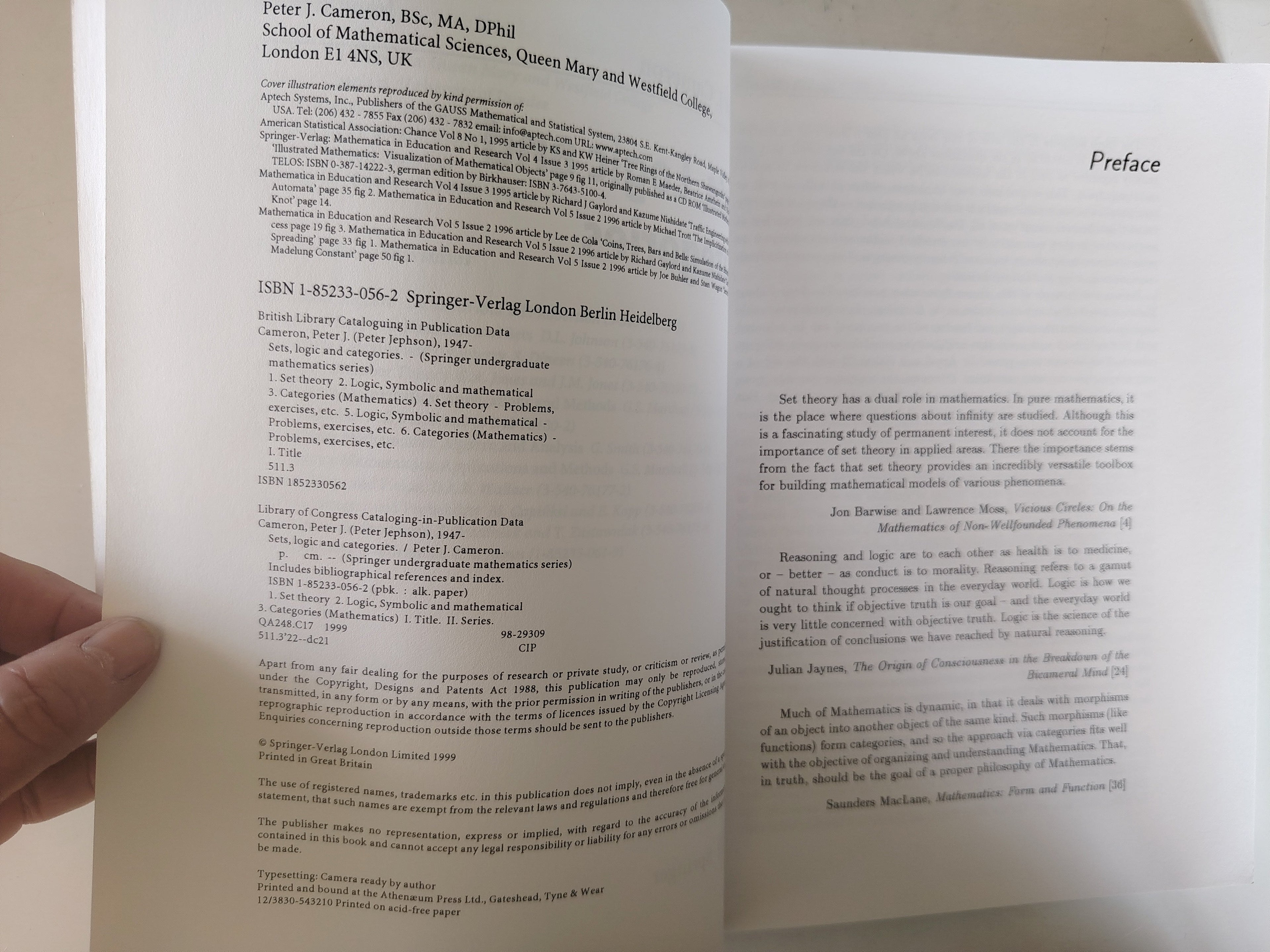 Sets Logic and Categories by Peter J Cameron Published by Springer Undergraduate Mathematical Series in 1999