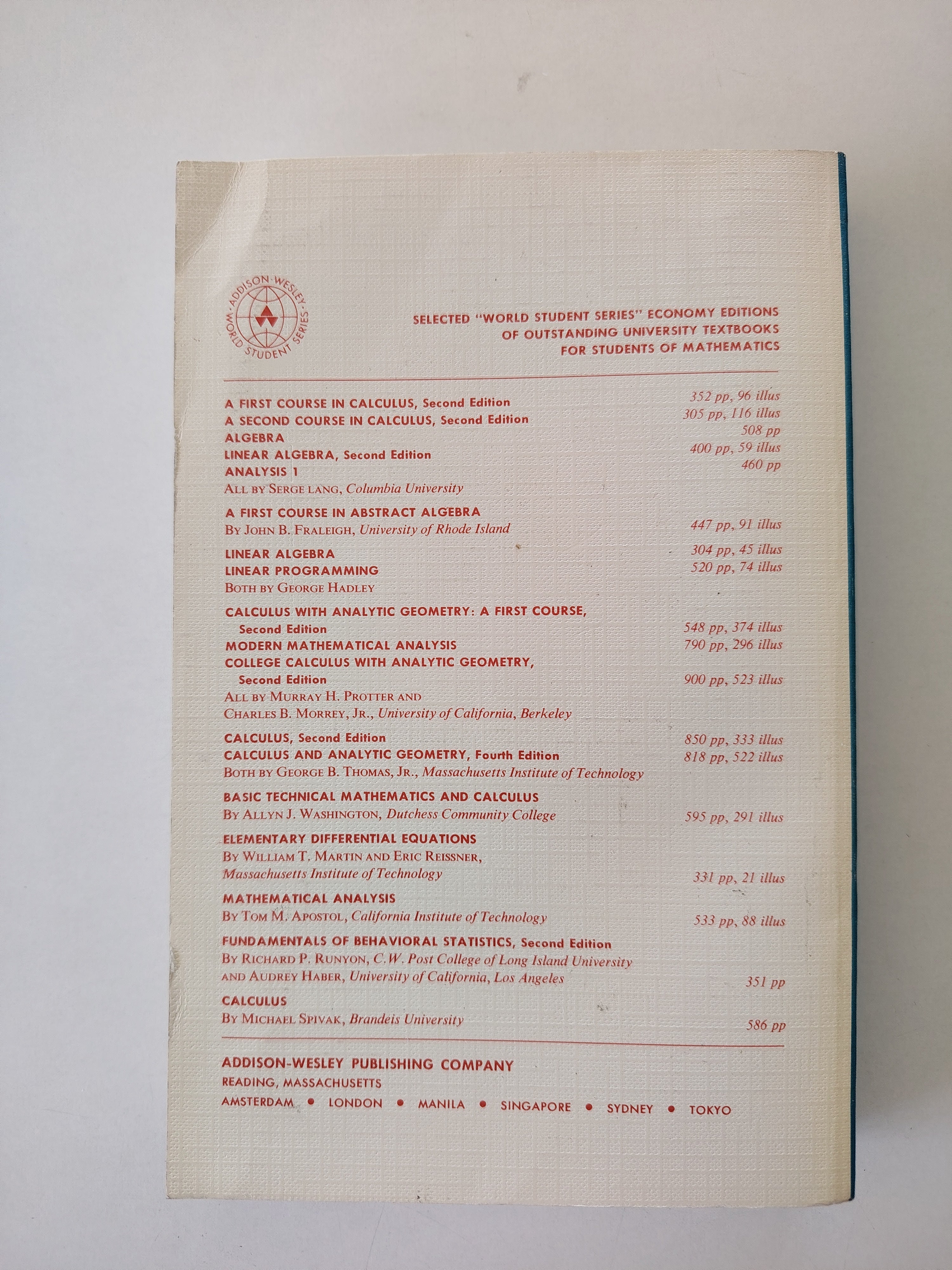 Mathematical Analysis Second Edition by Tom M Apostol by Addison-Wesley Publishing 1974