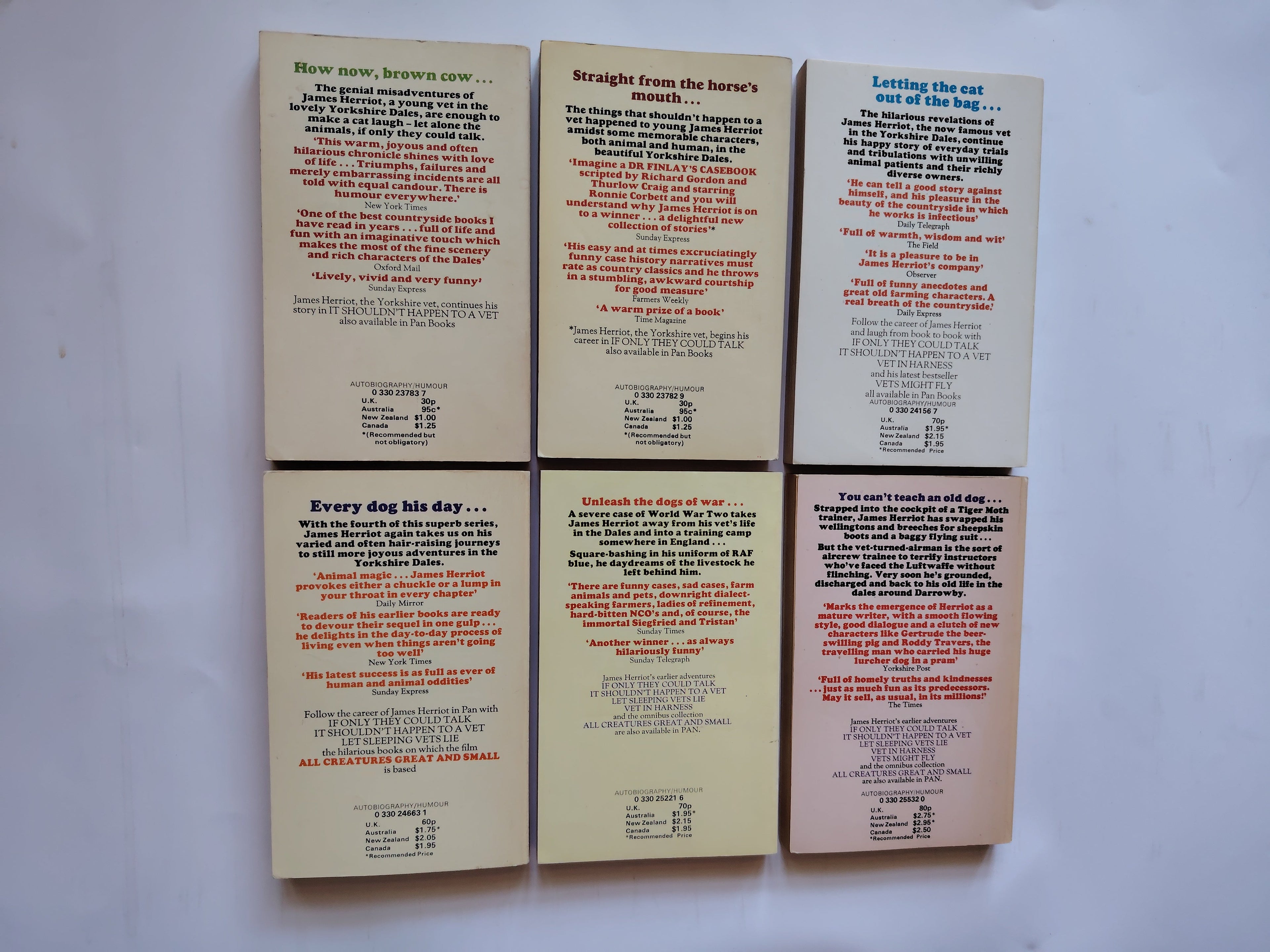 Six James Herriot PAN Paperback Books All Creatures Great and Small with Thelwell Covers 1970s