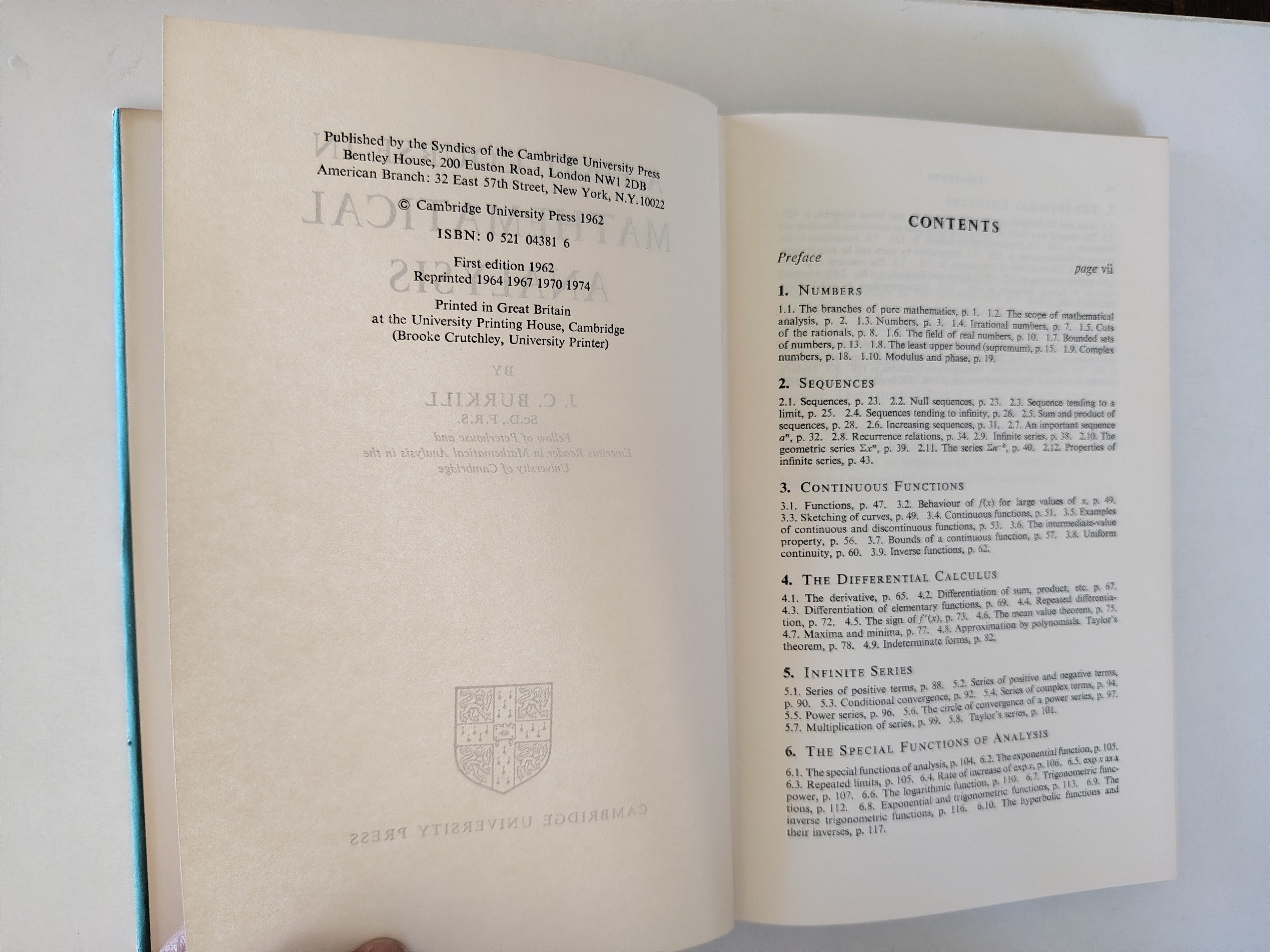 A First Course in Mathematical Analysis by J C Burkill Cambridge University Press 1974
