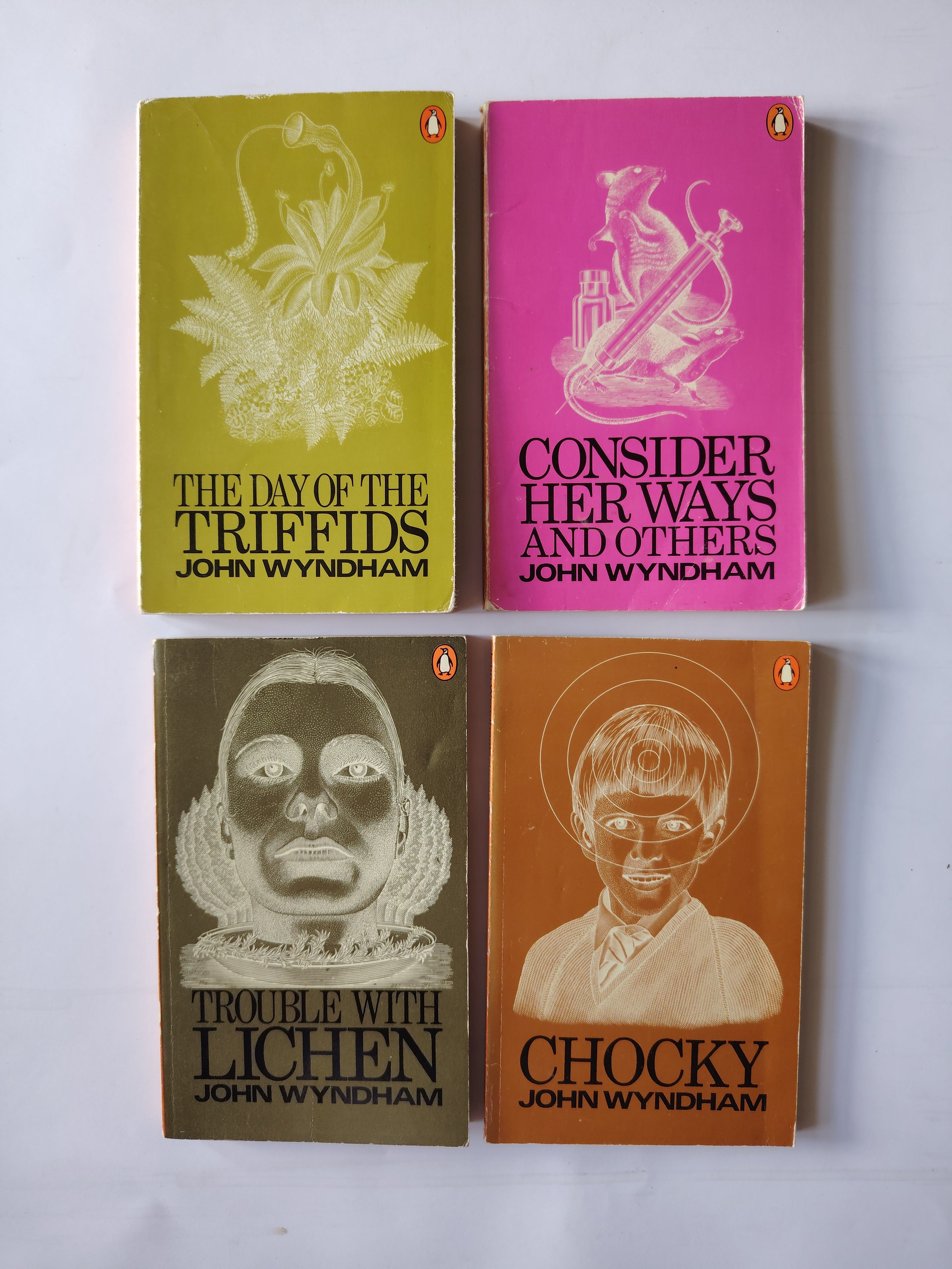 Four John Wyndham Penguin Paperback Books Trouble with Lichen, Chocky, Consider Her Ways and others, The Day of the Triffids