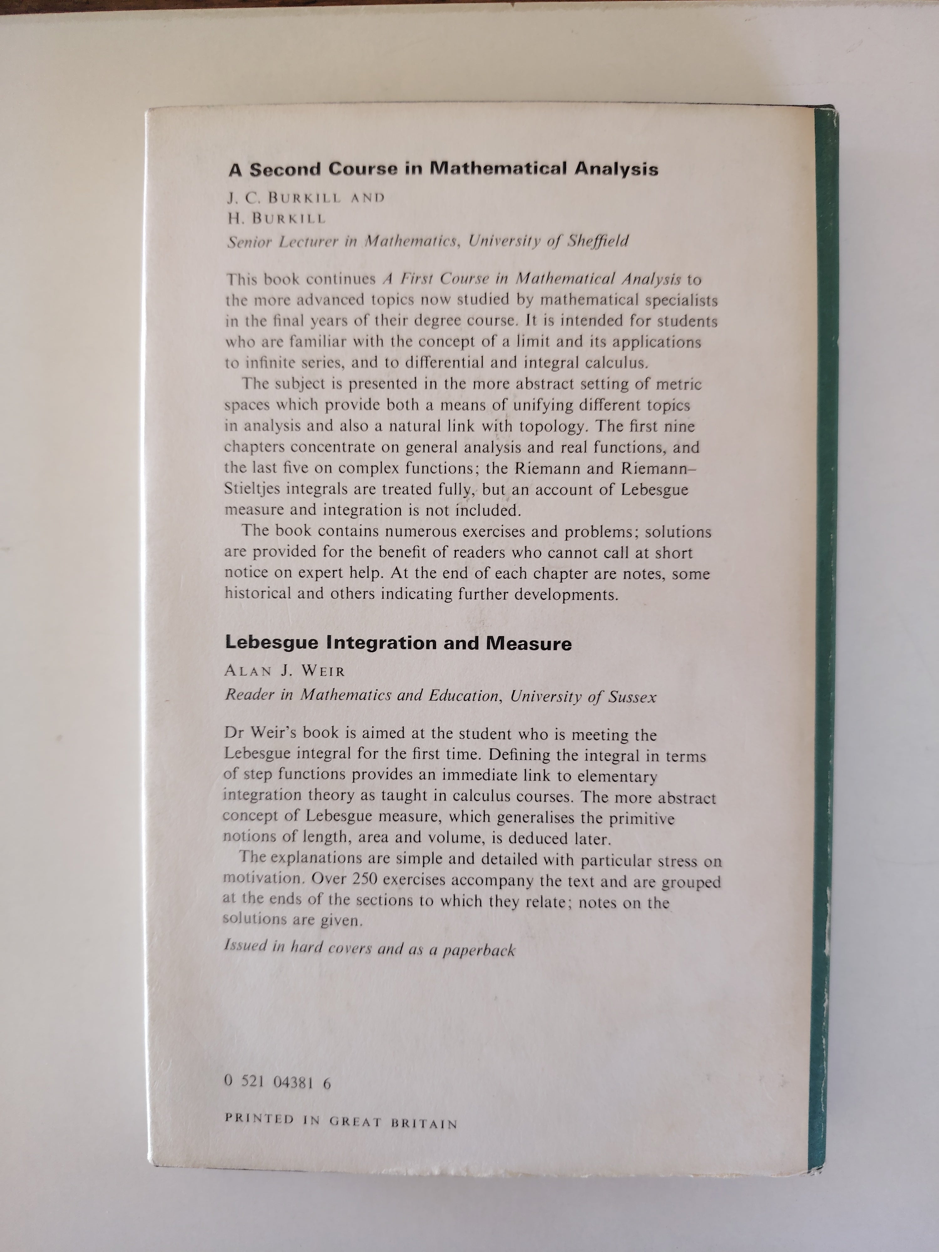 A First Course in Mathematical Analysis by J C Burkill Cambridge University Press 1974