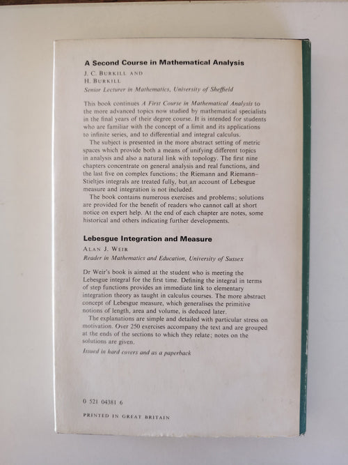 A First Course in Mathematical Analysis by J C Burkill Cambridge University Press 1974