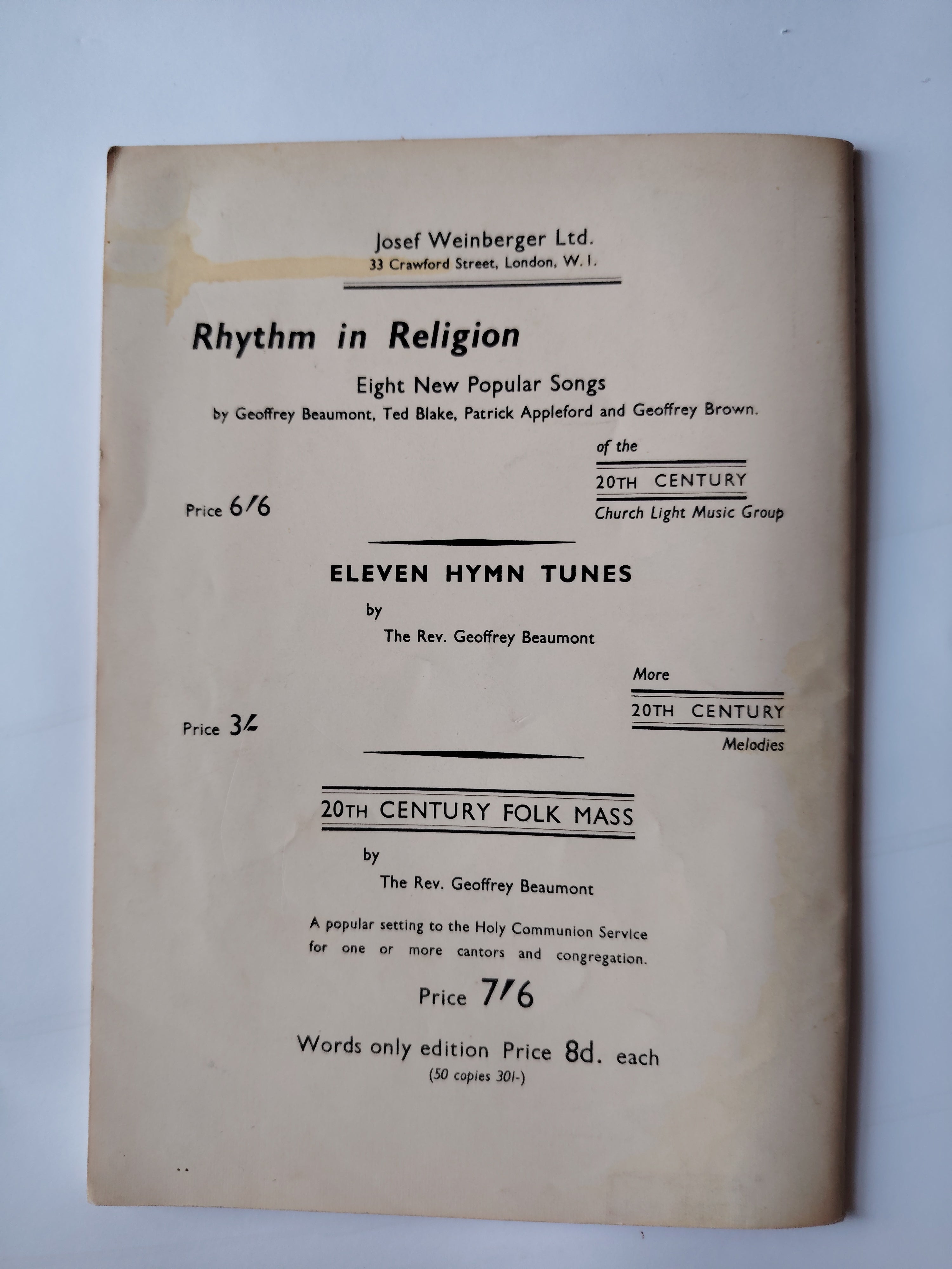 Thirty 20th Century Hymn Tunes Josef Weinberger Ltd 1964 by Members of the 20th Century Church Light Music Group