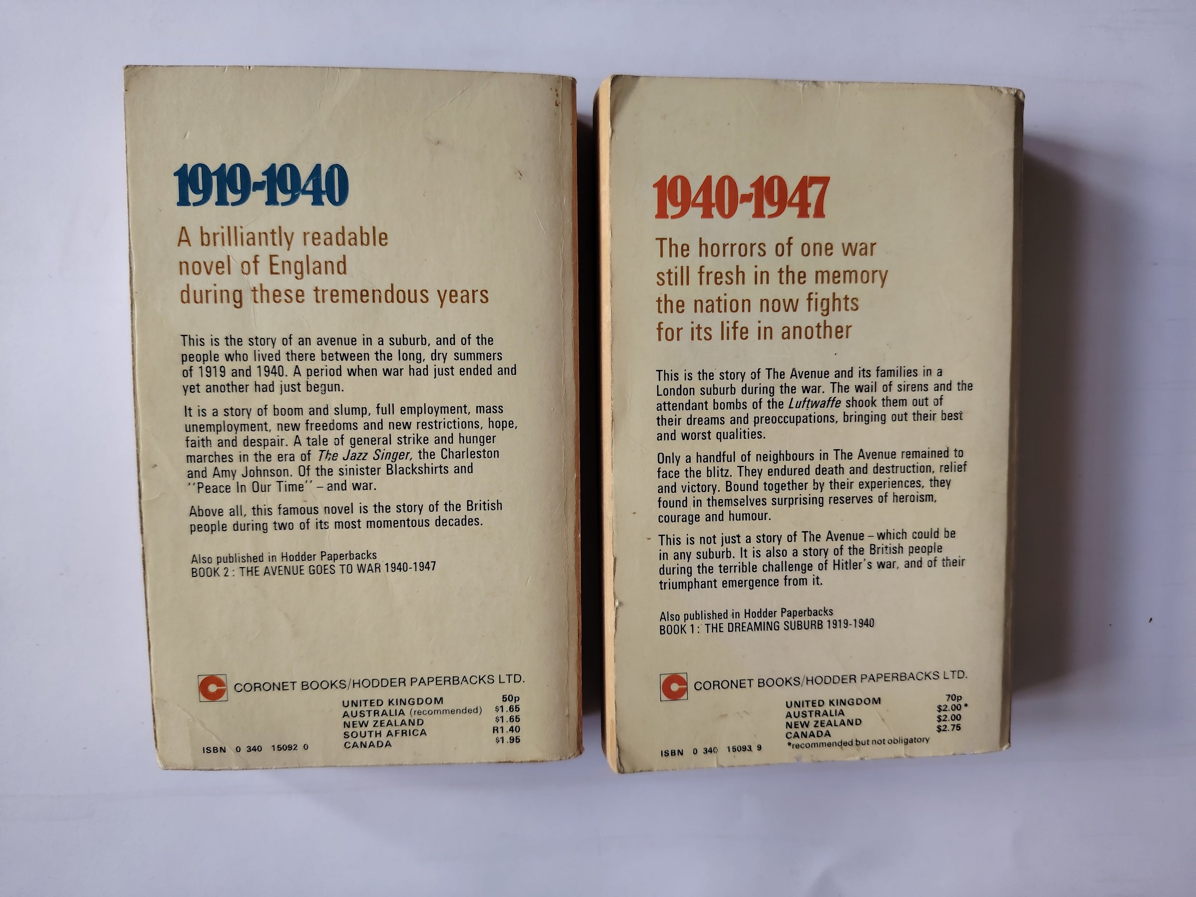 Two R F Delderfield Books 1 and 2 The Dreaming Suburb (1919-1940) and The Avenue Goes to War (1940-1947) 1972 and 1975