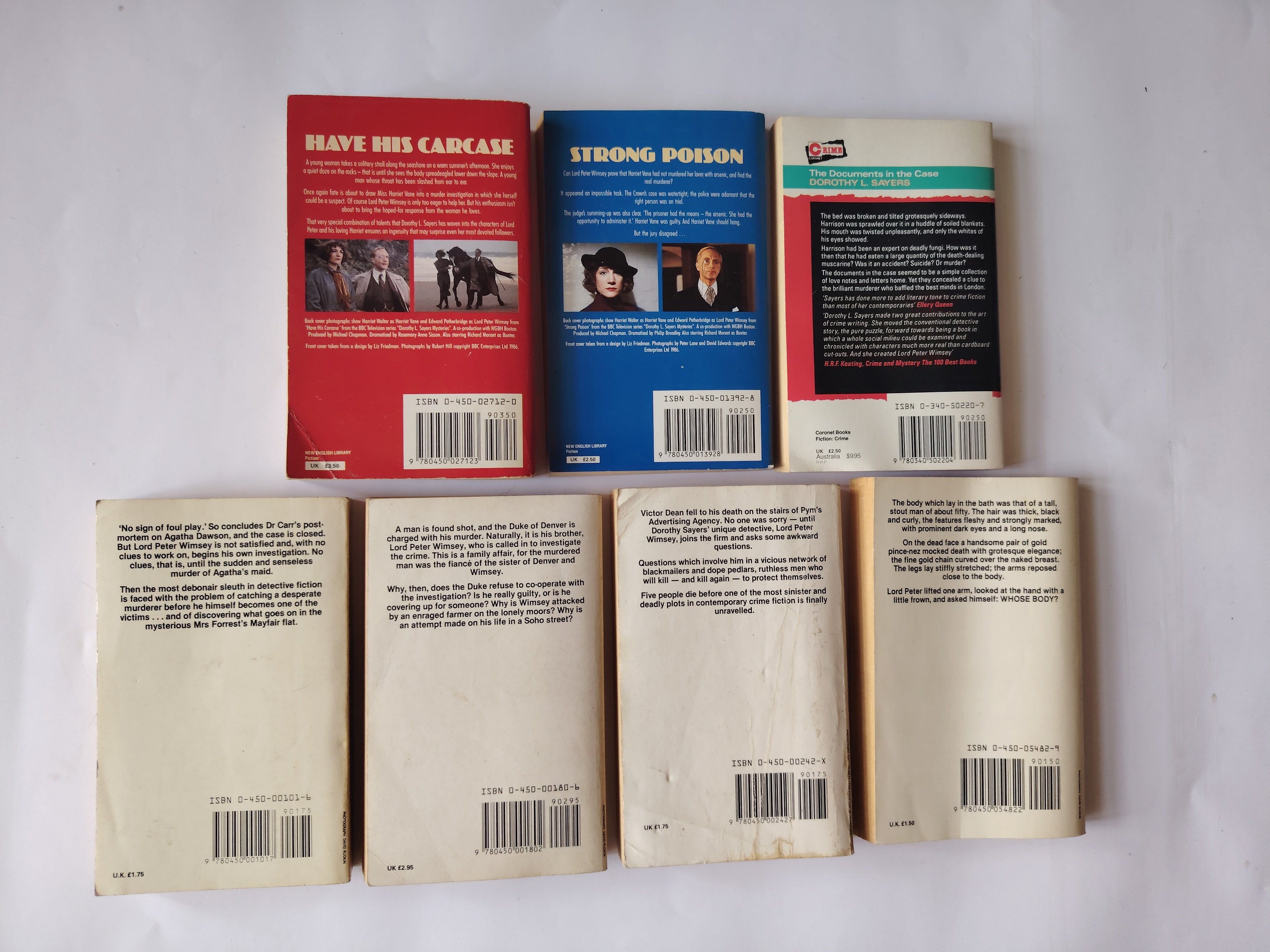 Seven Dorothy L Sayers New English Library and Coronet Crime Vintage Paperback Books Lord Peter Wimsey 1982-1989