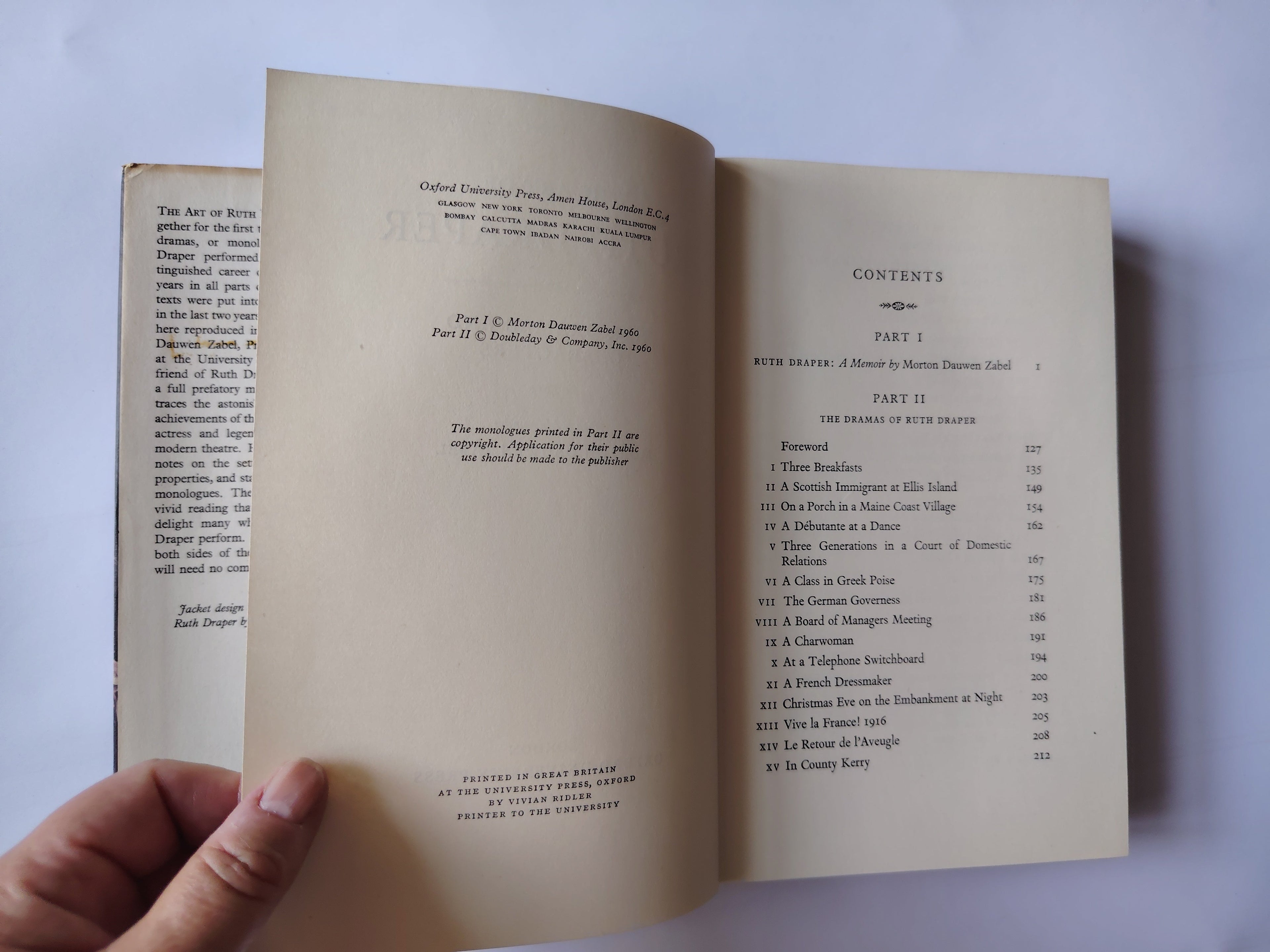 The Art of Ruth Draper Her Dramas and Characters with a Memoir by Morton Dauwen Zabel First UK Edition 1960 with a SIGNED Card of A Scottish Immigrant at Ellis Island, a portrait drawing by John Singer Sargent, London 1914